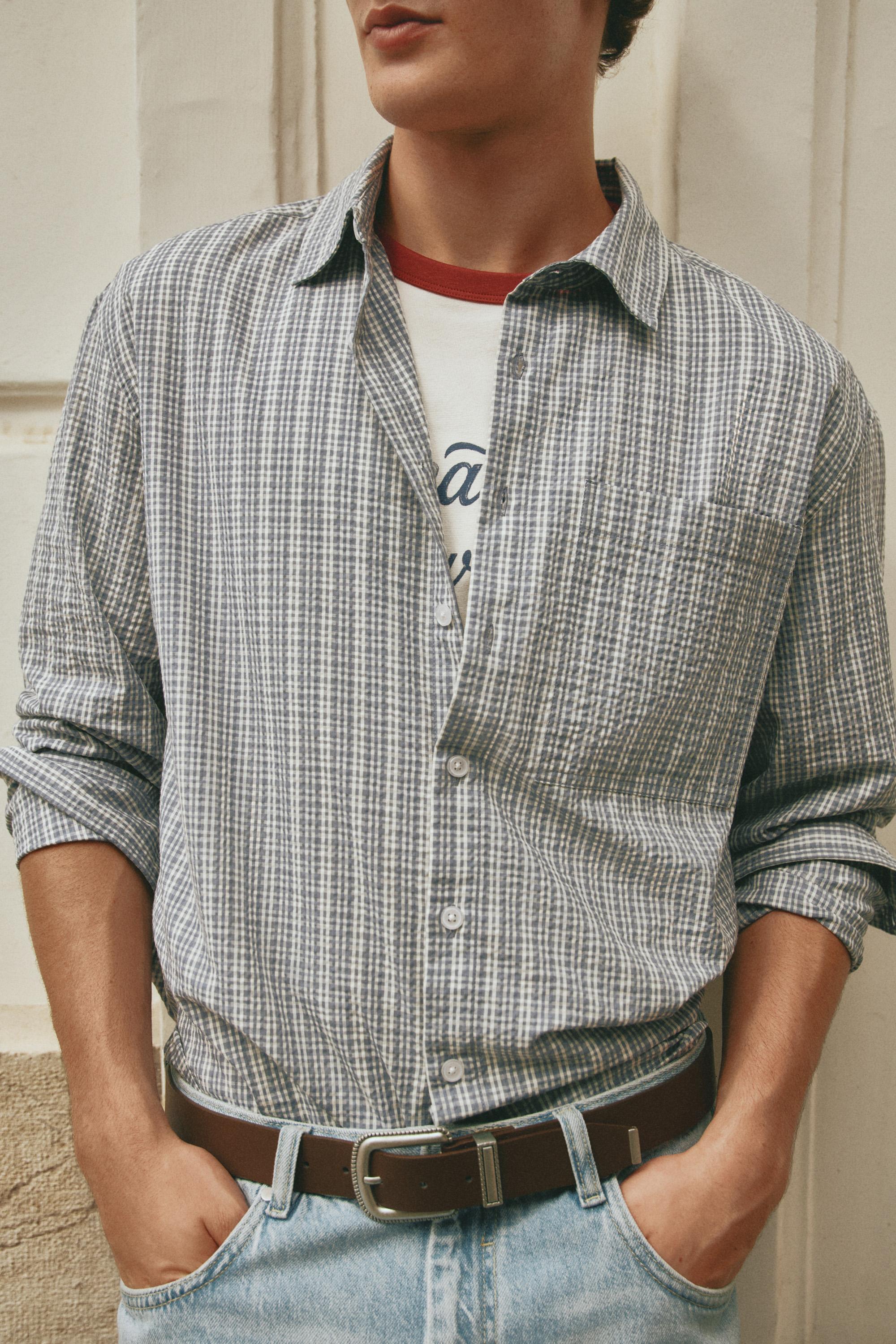 Textured check shirt — MEDIUM BLUE