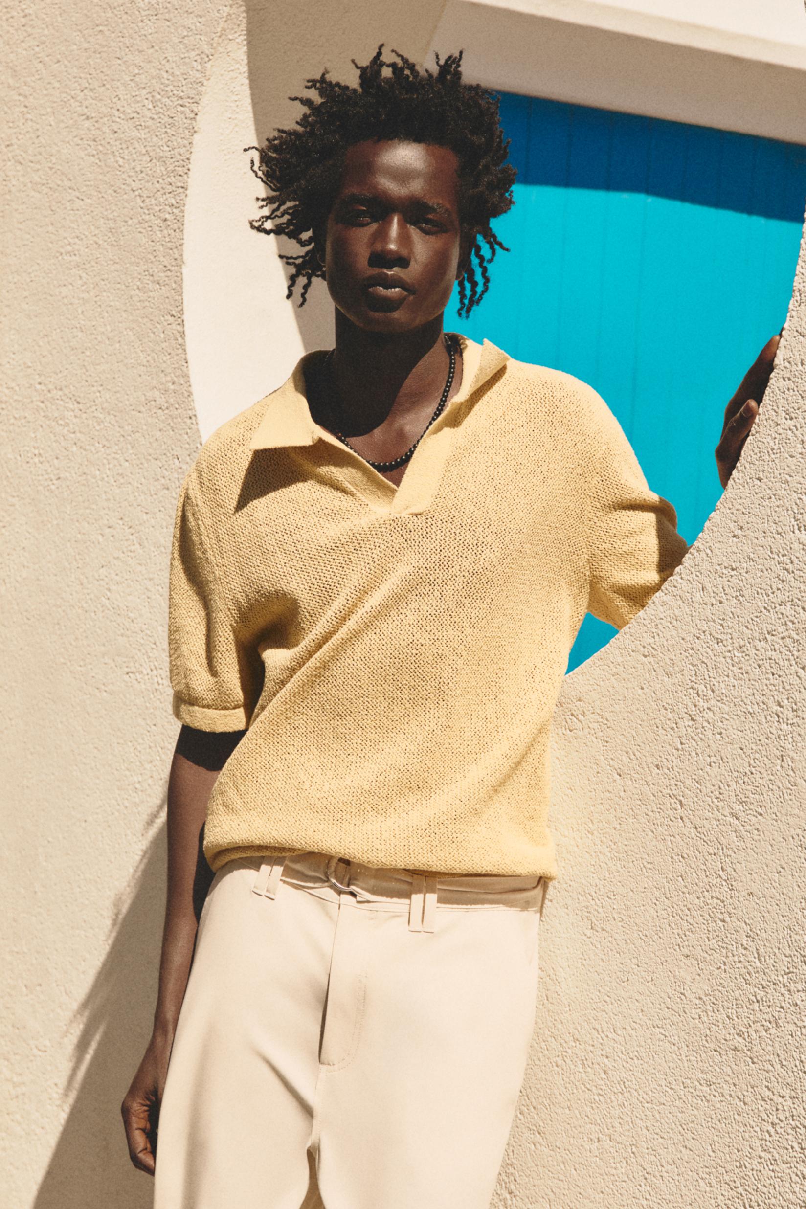 Cutwork knit polo shirt — YELLOW