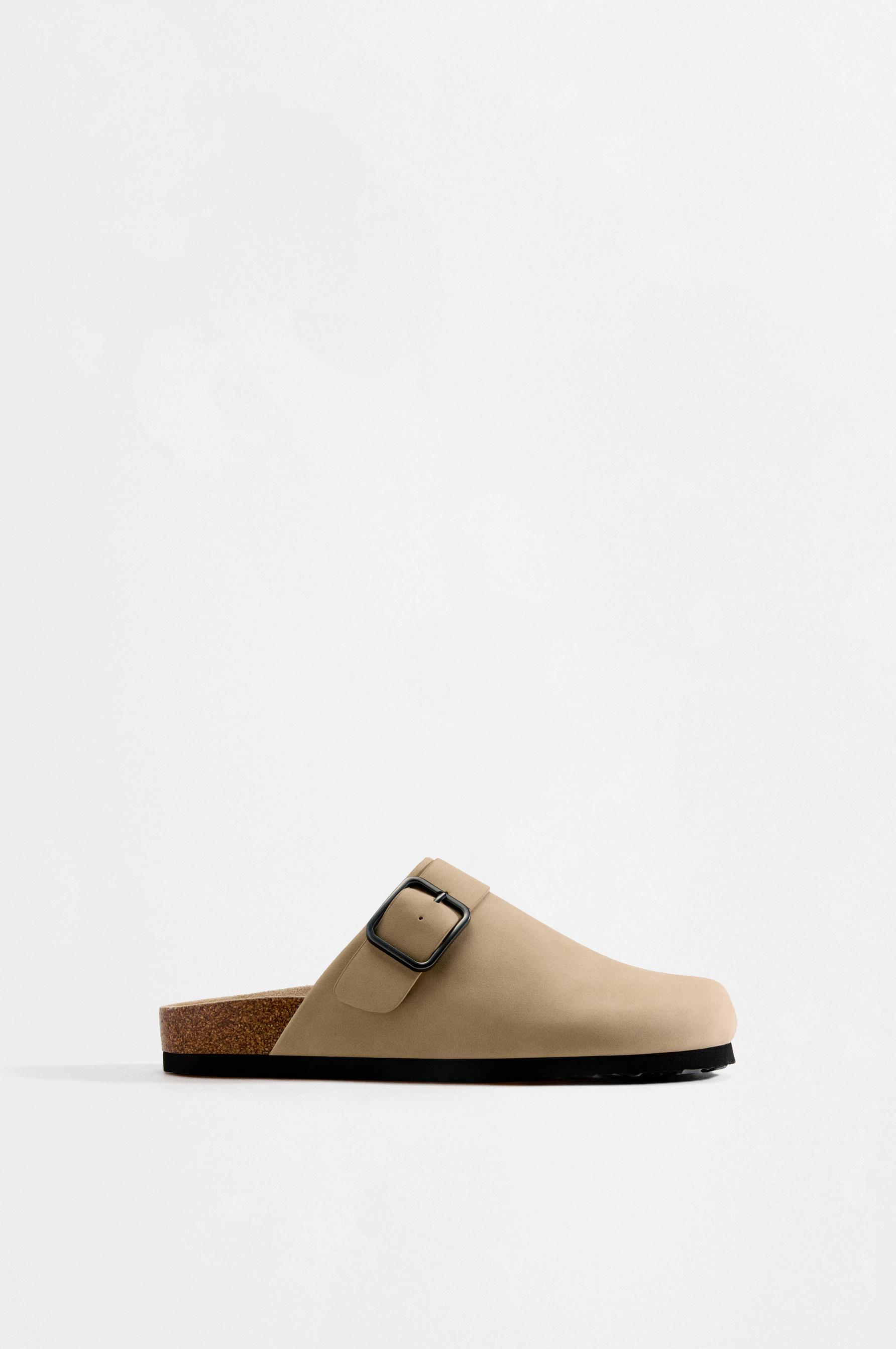 Faux suede buckle clogs — BEIGE