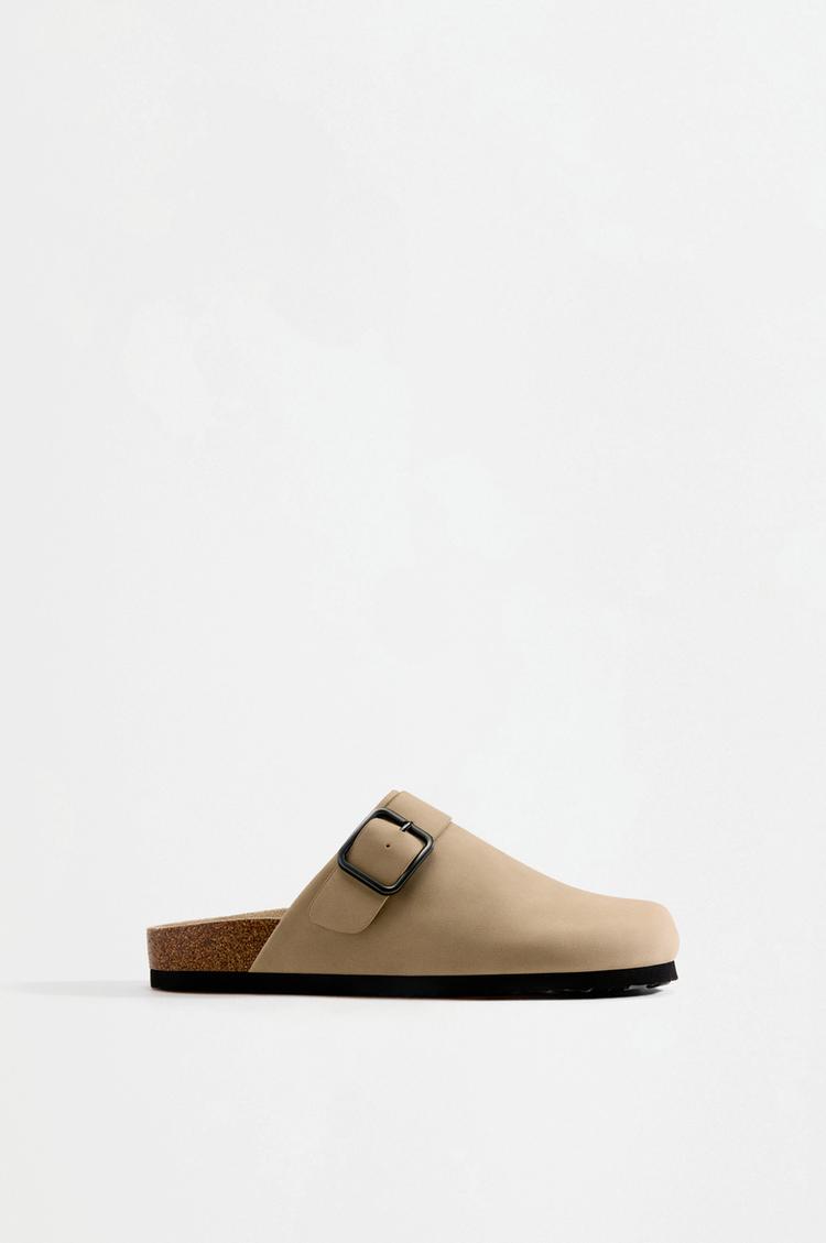 Faux suede buckle clogs — BEIGE
