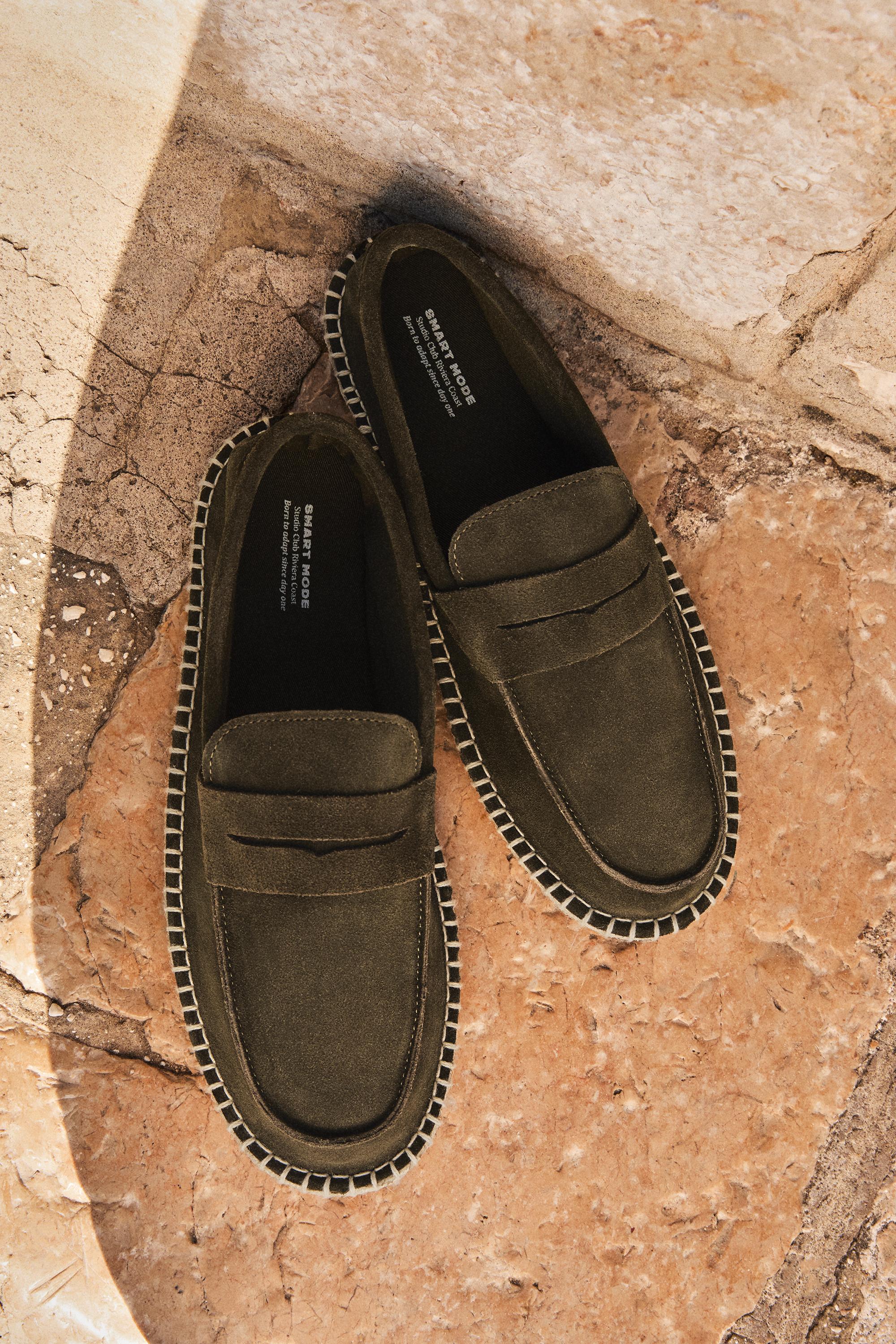 Leather moccasin with jute-effect sole — KHAKI