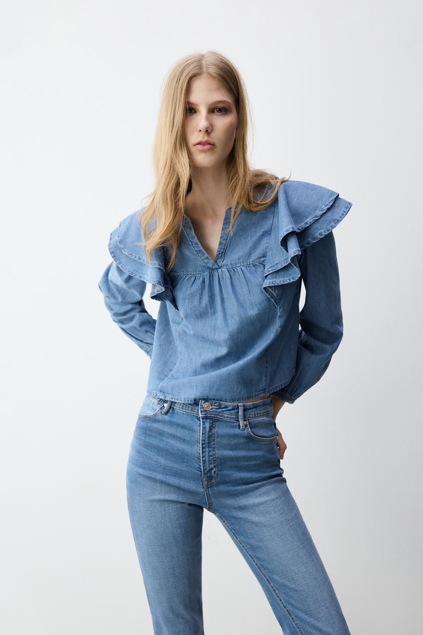 Look Camisa Camisa Vaquera Volantes Mujer Blusa Denim Volantes
