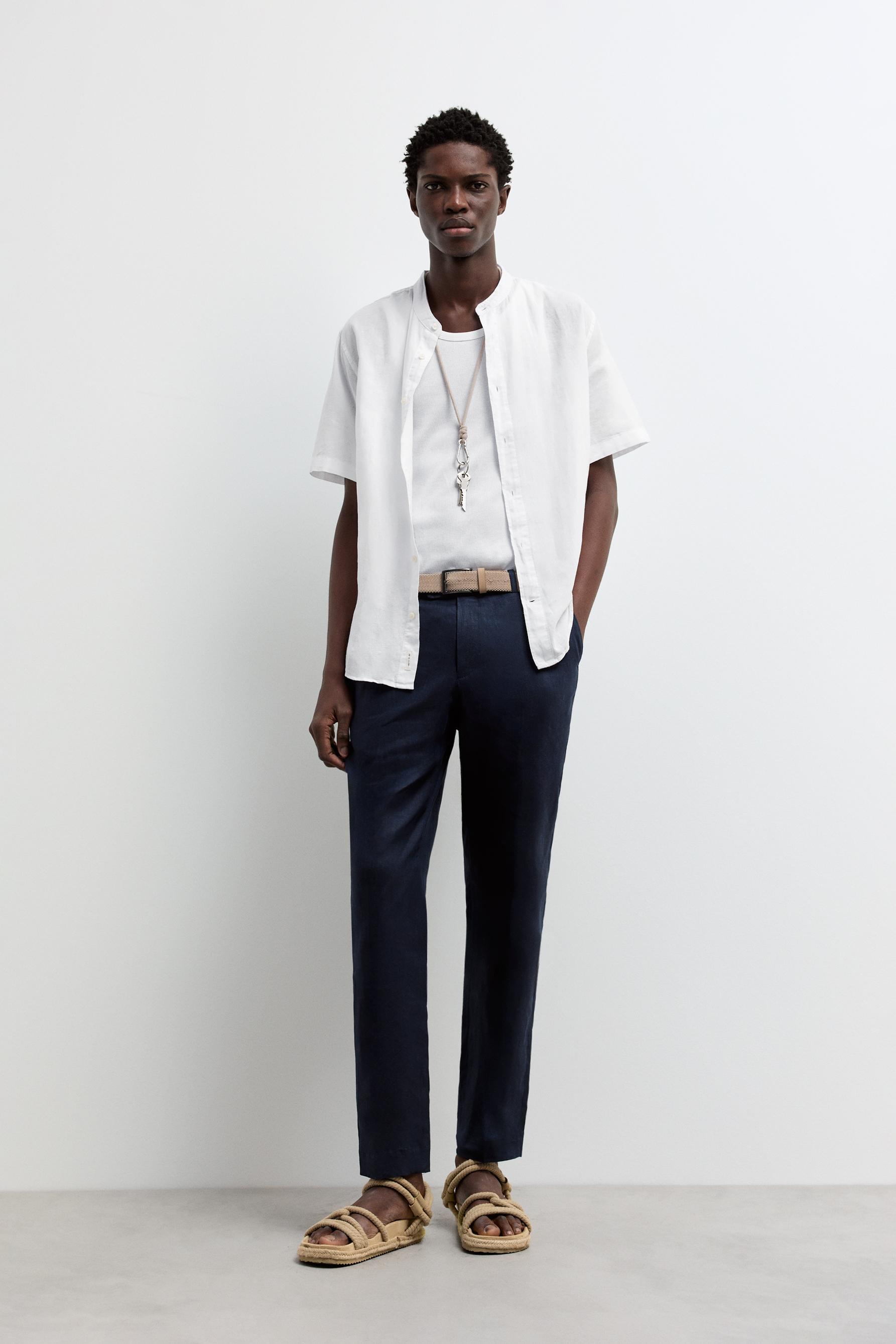 Linen-cotton stand collar shirt — WHITE