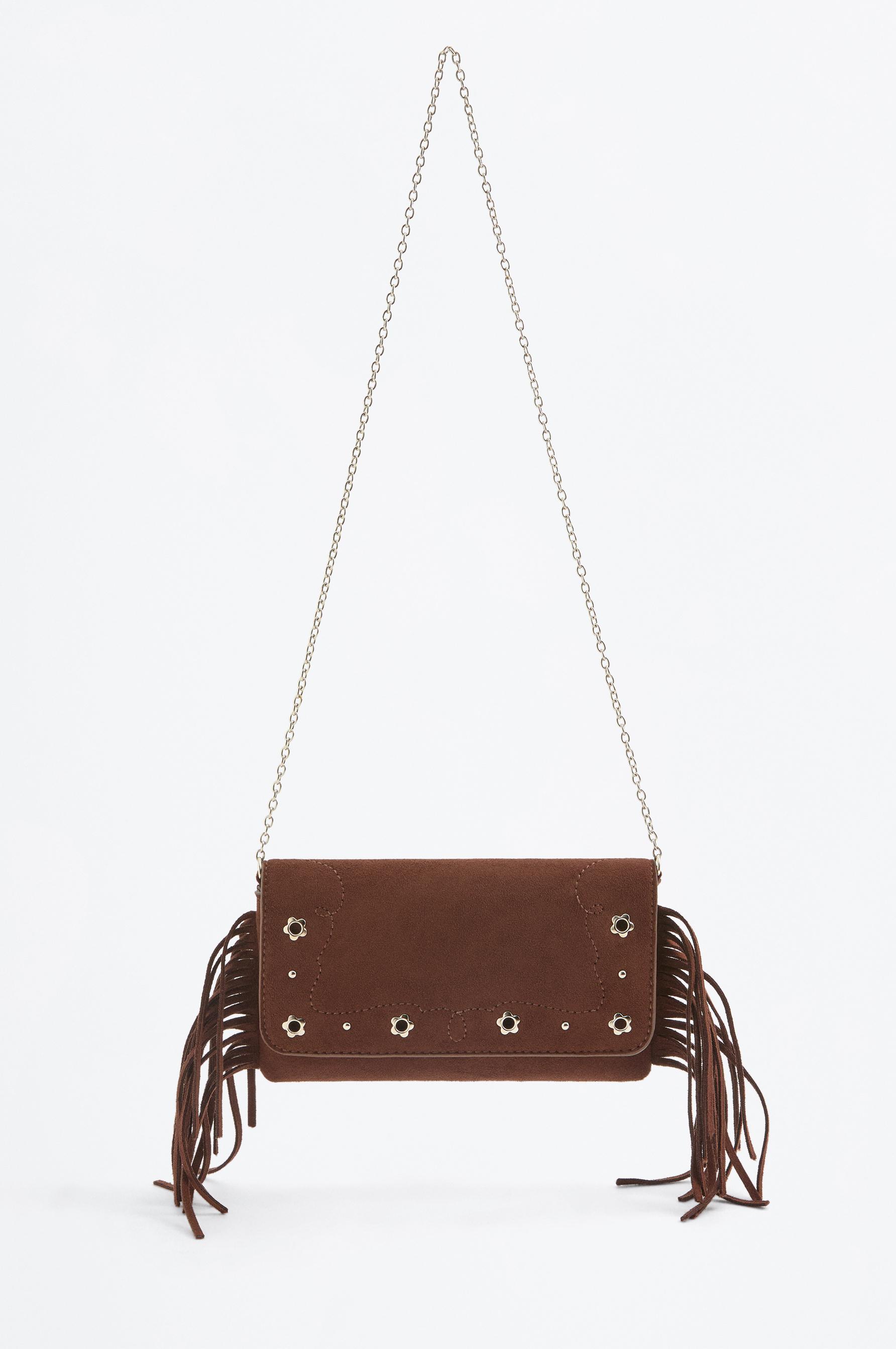 Fringed crossbody bag with flower detail — BROWN
