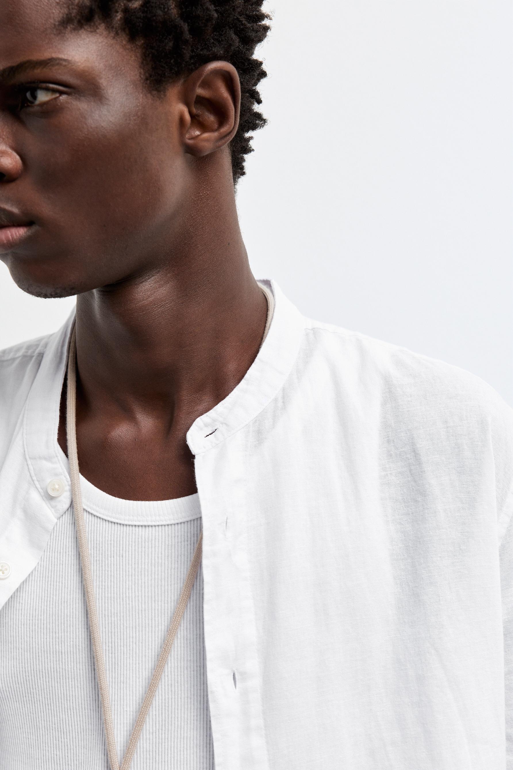 Linen-cotton stand collar shirt — WHITE