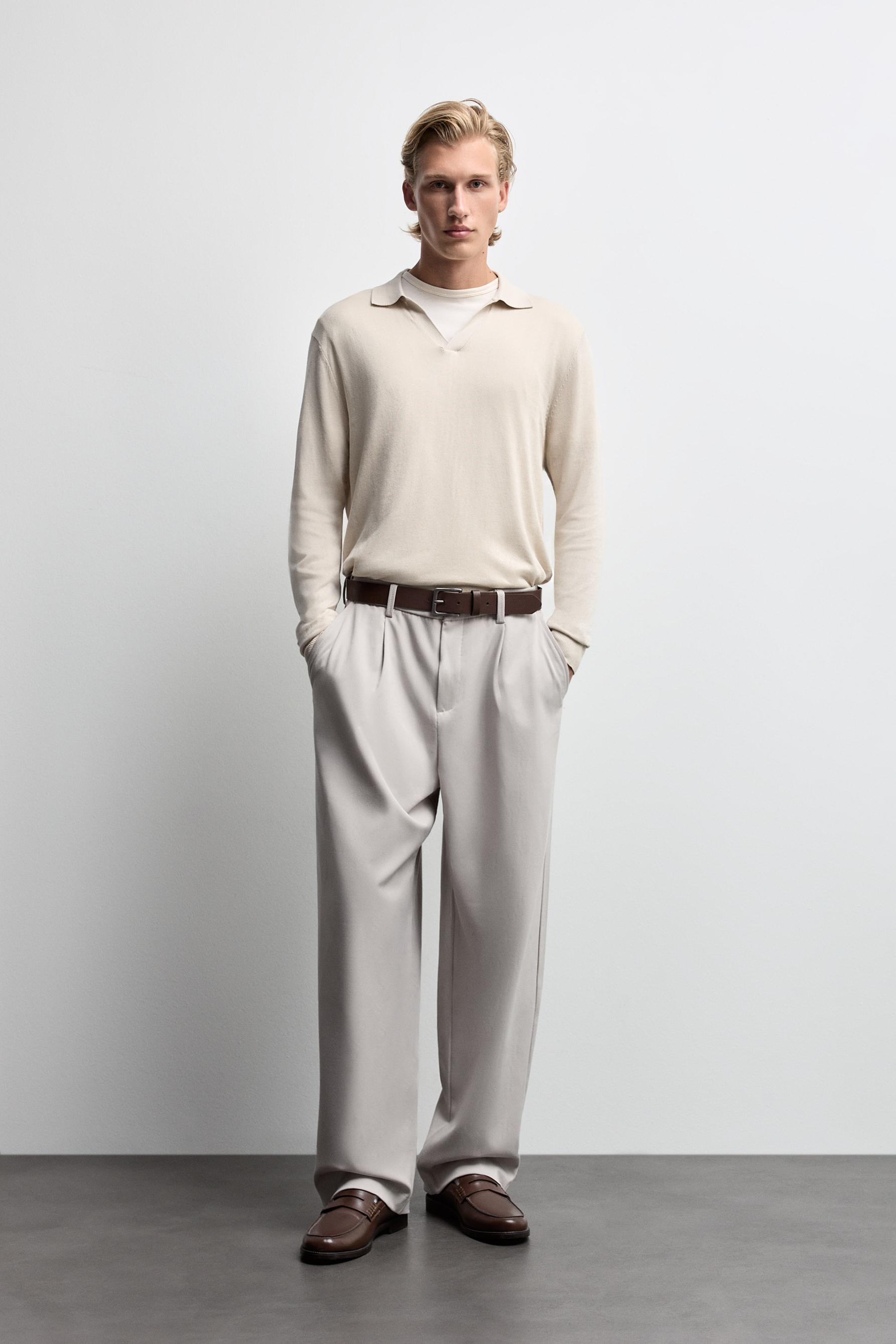 Long sleeve knit polo shirt — ECRU