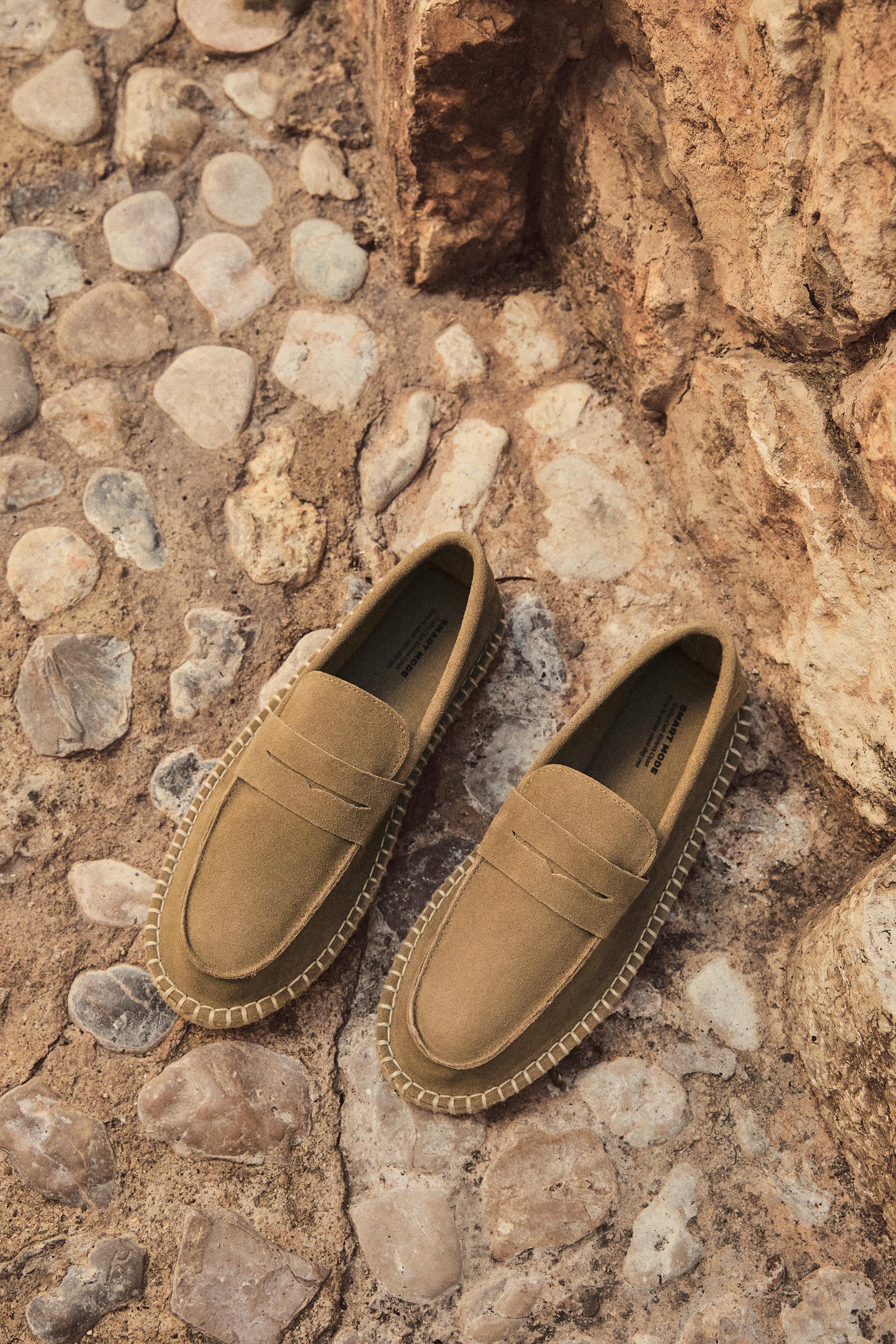 Leather moccasin with jute-effect sole — BEIGE