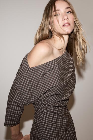 Asymmetric plaid top — BROWN 3