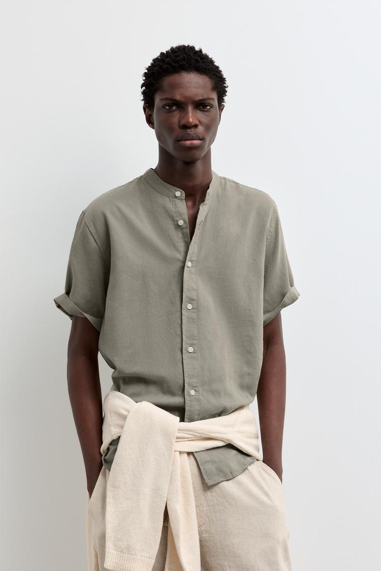 Linen-cotton stand collar shirt — PALE KHAKI