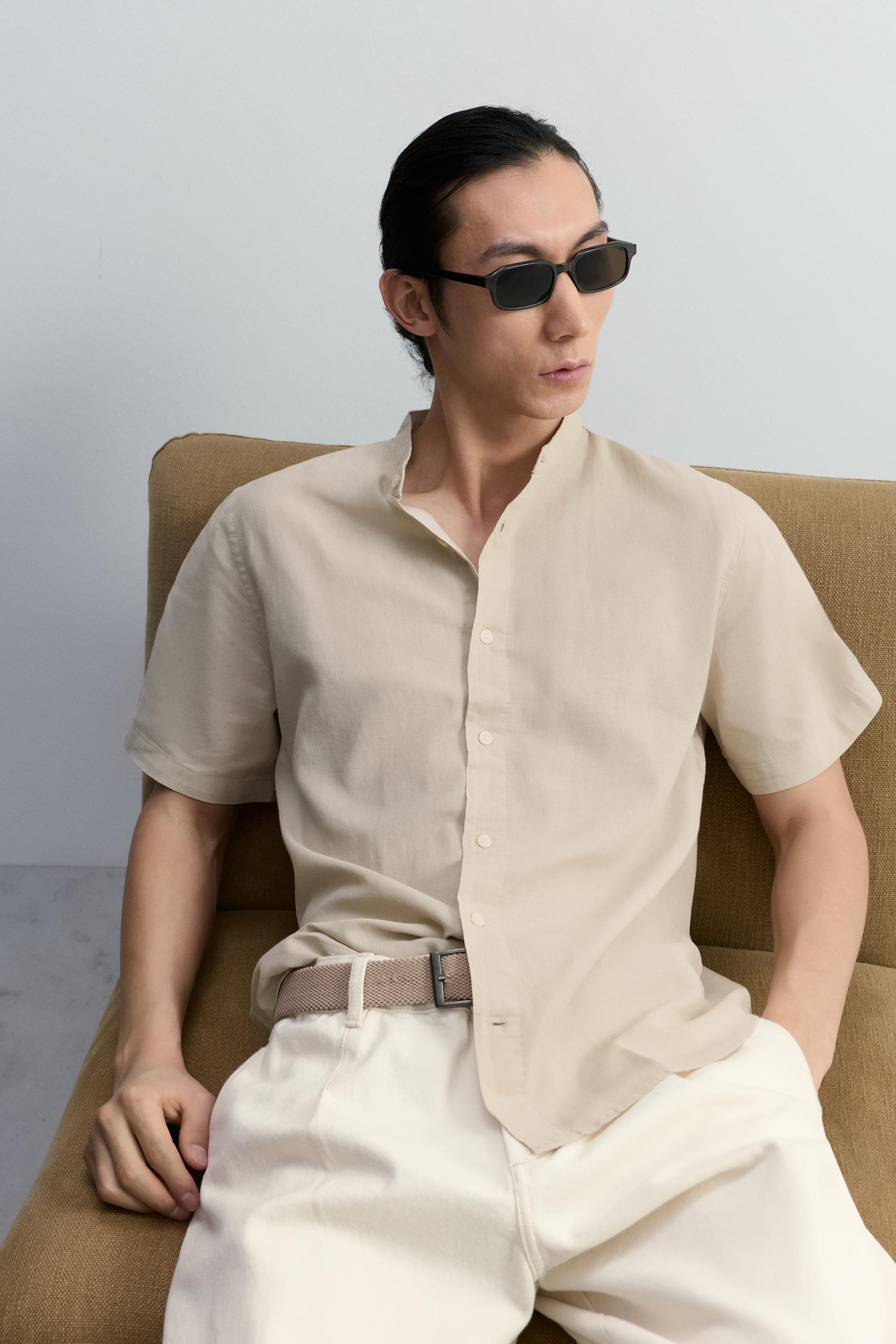 Linen-cotton stand collar shirt — BEIGE