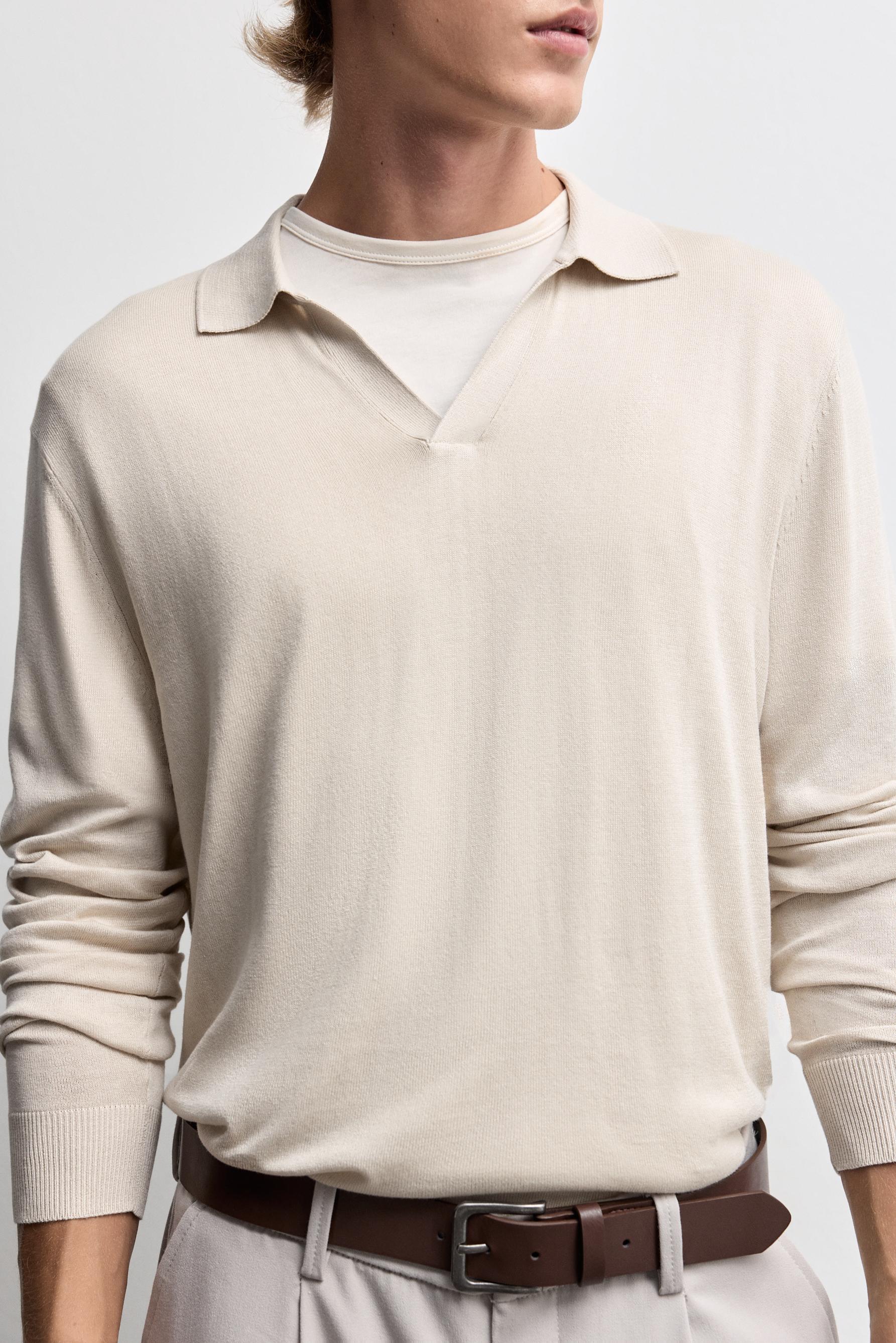 Long sleeve knit polo shirt — ECRU