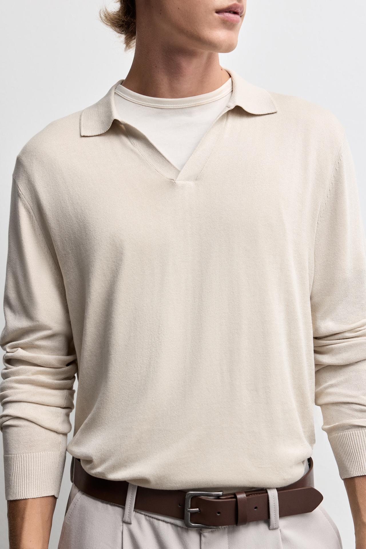 Long sleeve knit polo shirt — ECRU