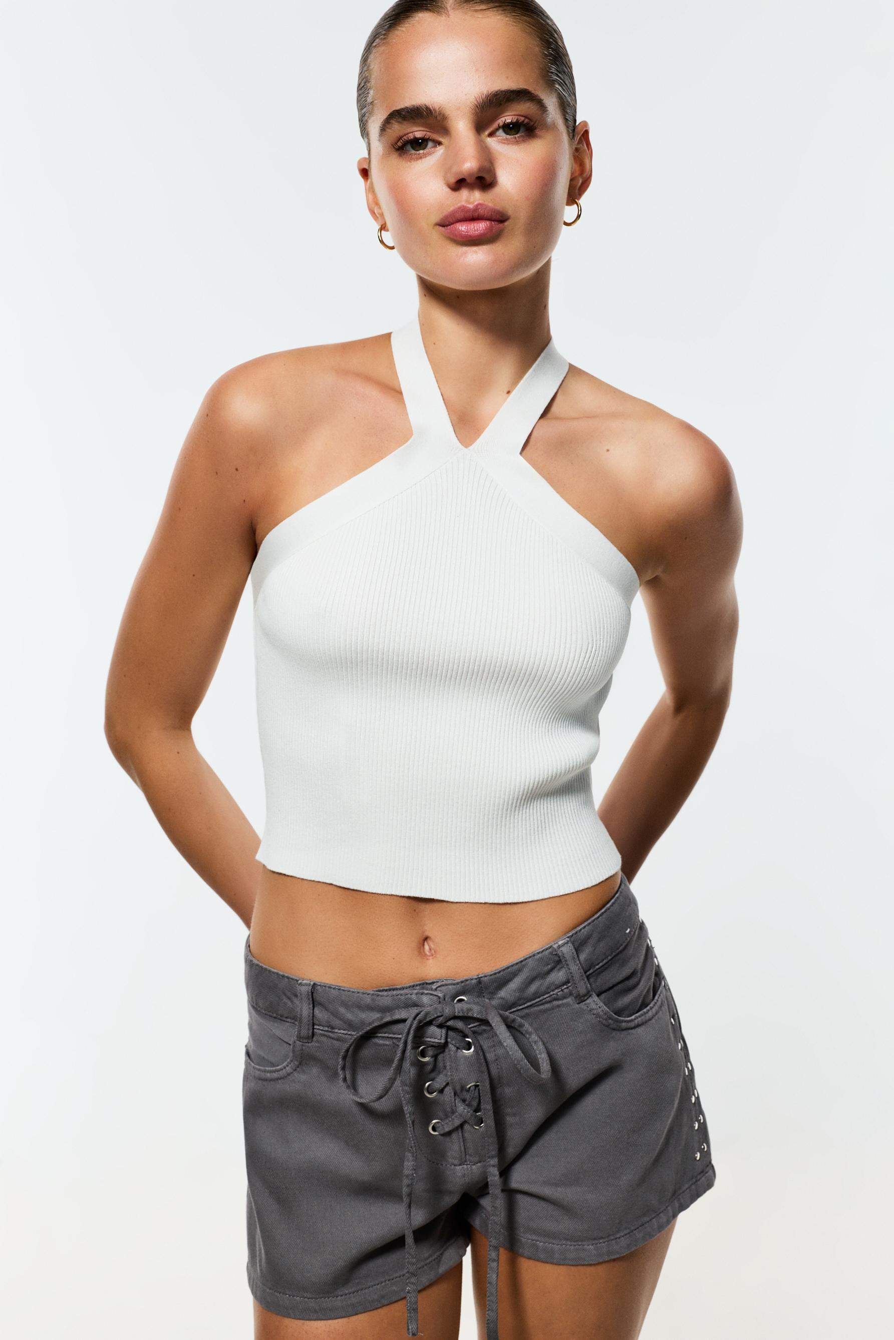 Criss-cross strap knit top — OFF WHITE