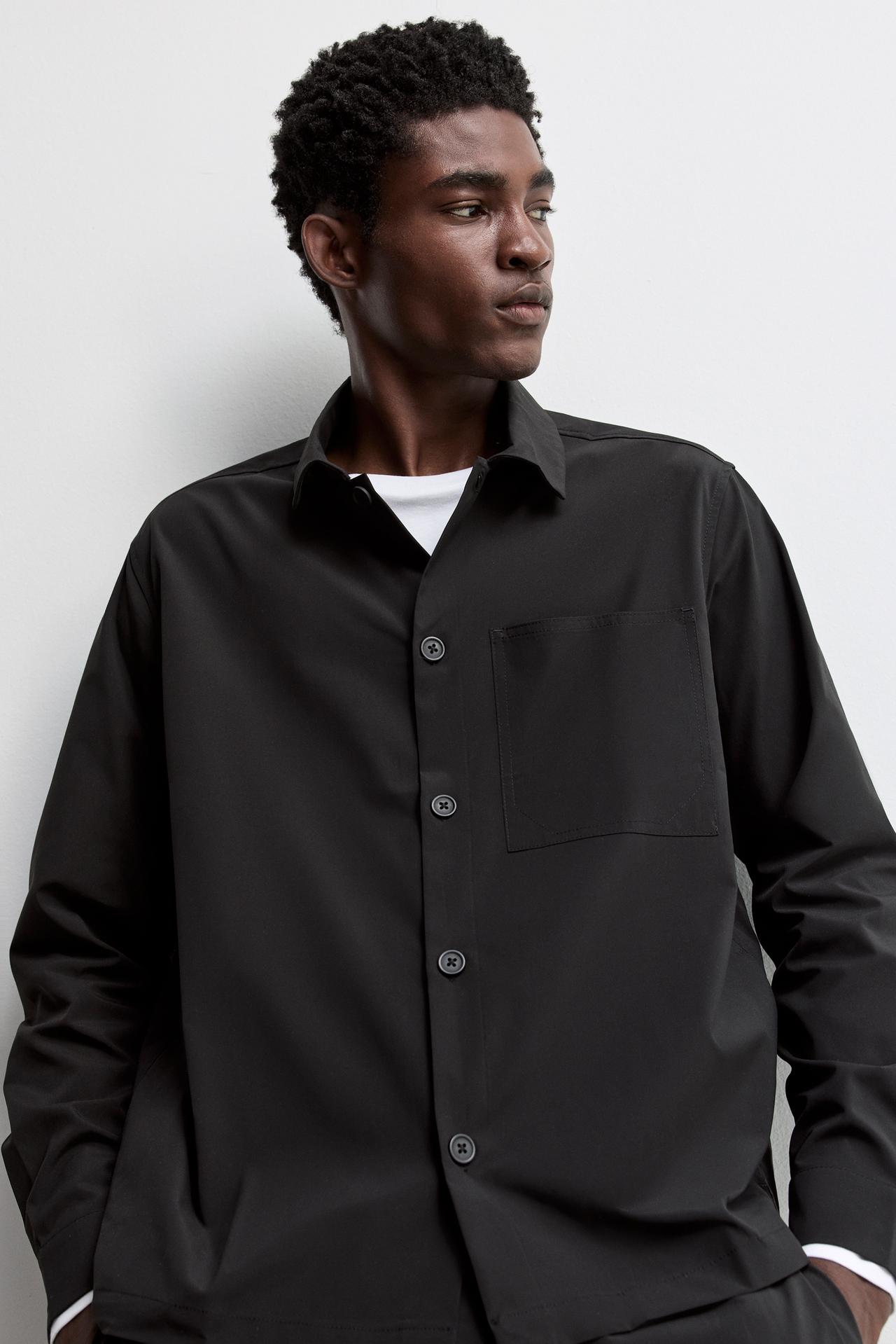 Button-Front Overshirt with Pocket — BLACK