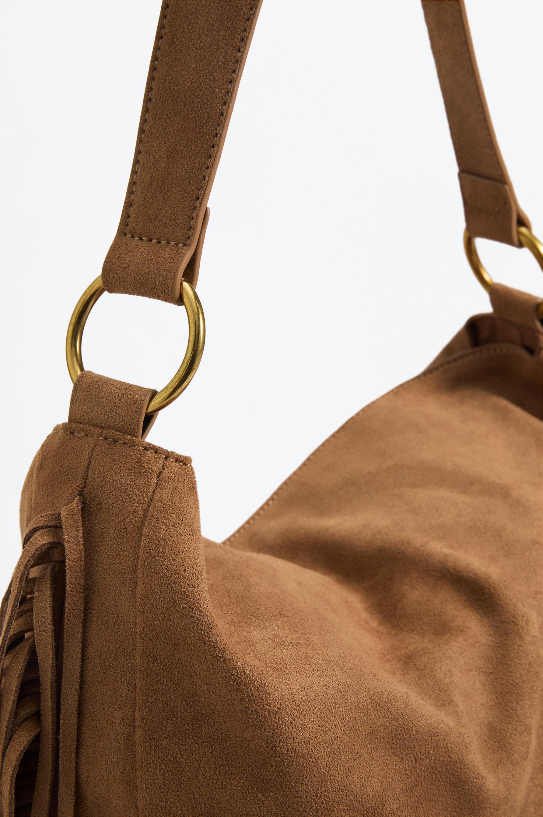 Faux suede fringe crossbody bag — CAMEL