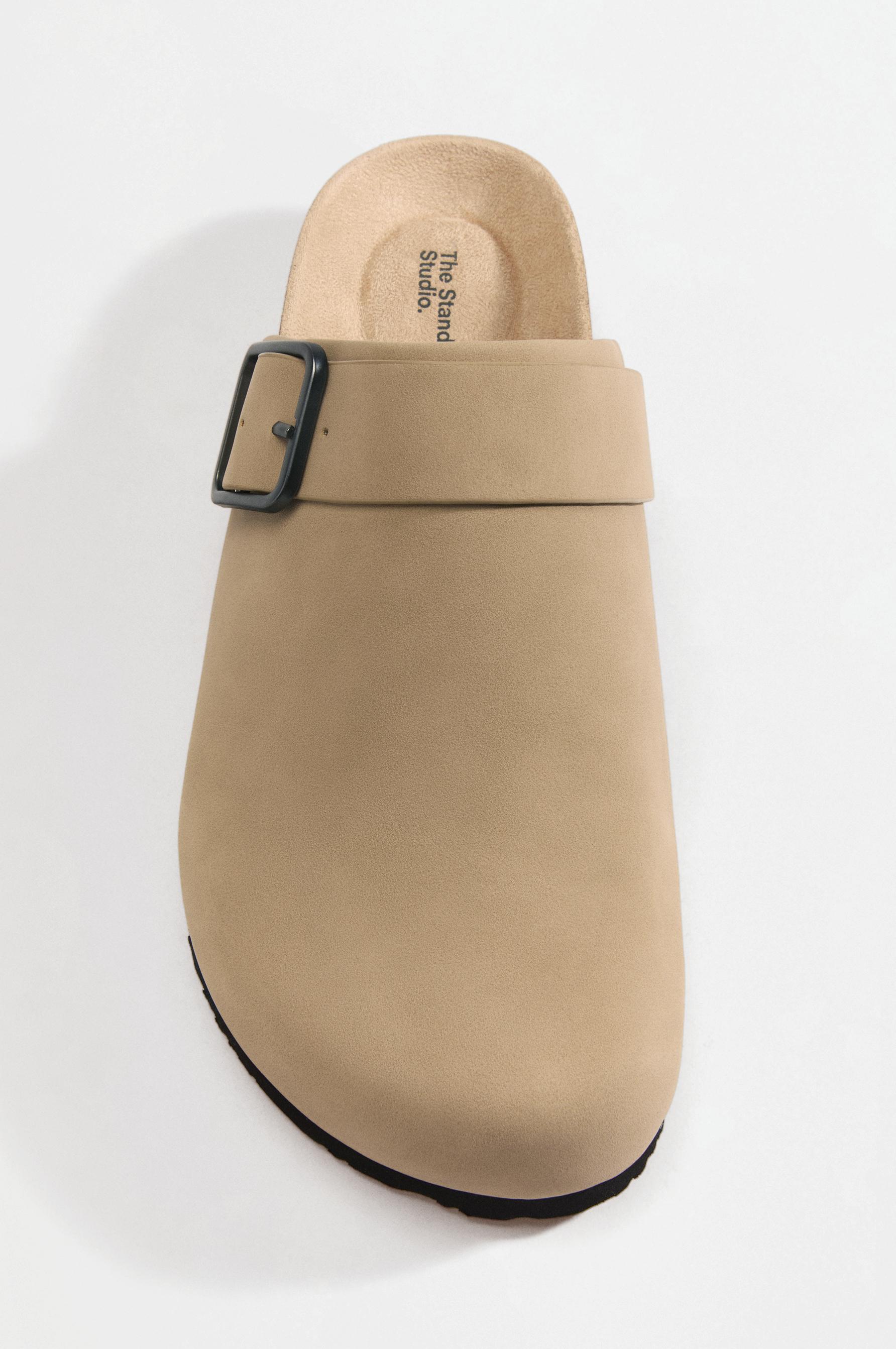 Faux suede buckle clogs — BEIGE