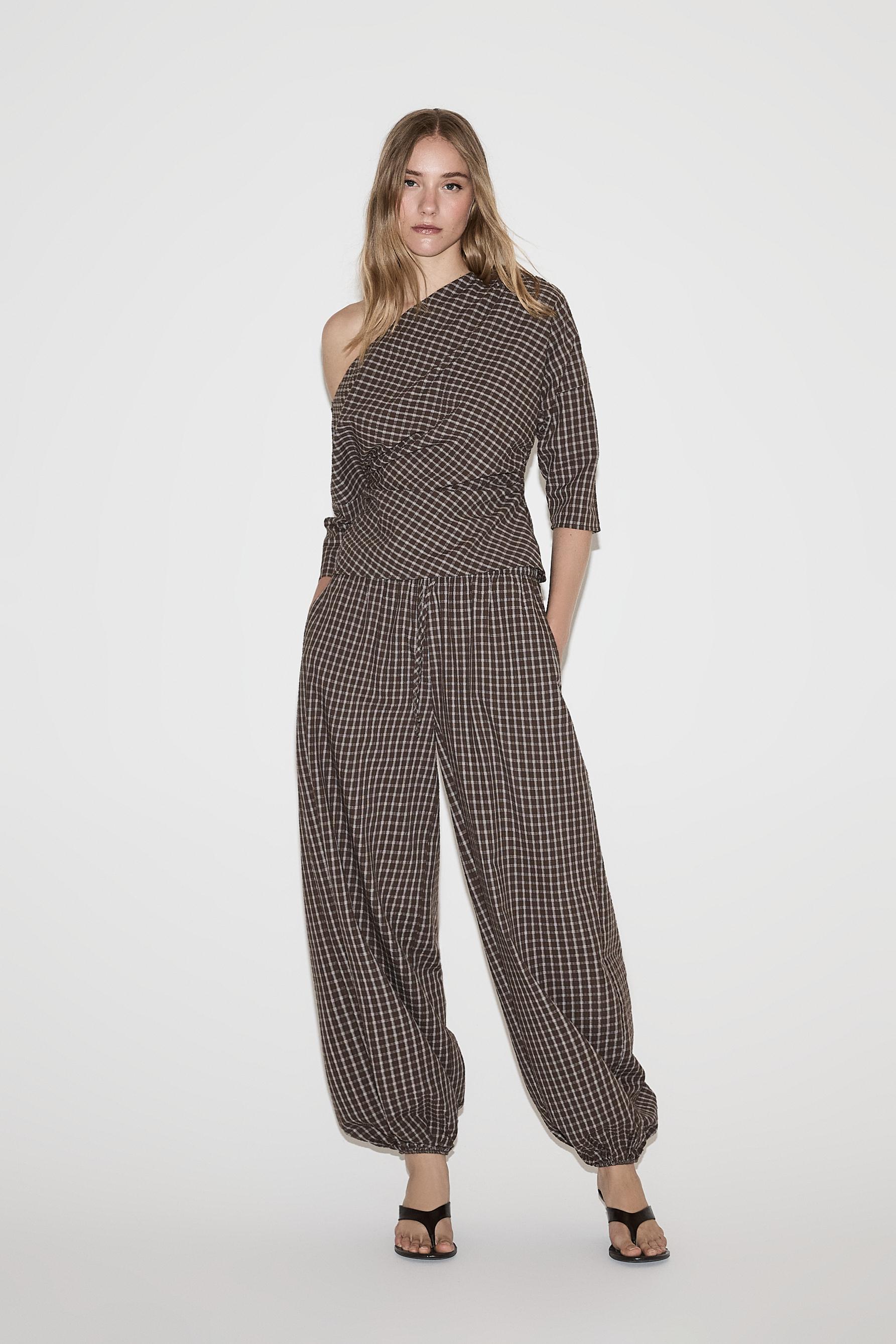 Check balloon trousers — BROWN