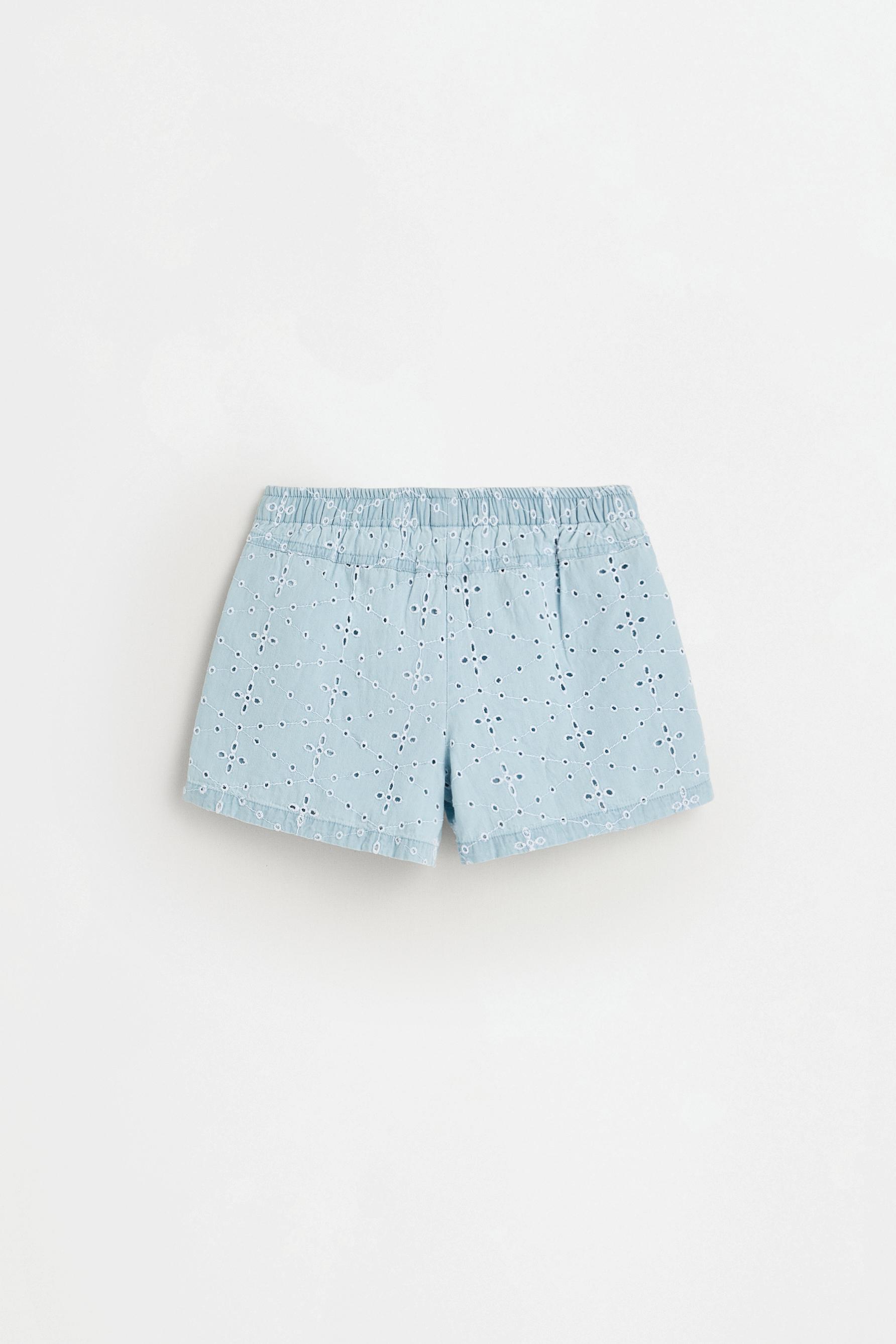 Lightweight Swiss embroidery denim shorts — PALE BLUE