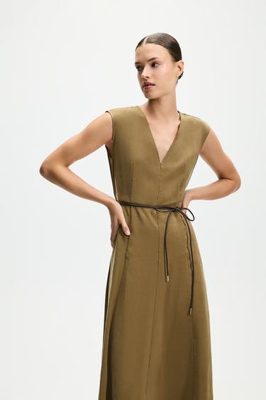 Midi dress with belt — KHAKI 2