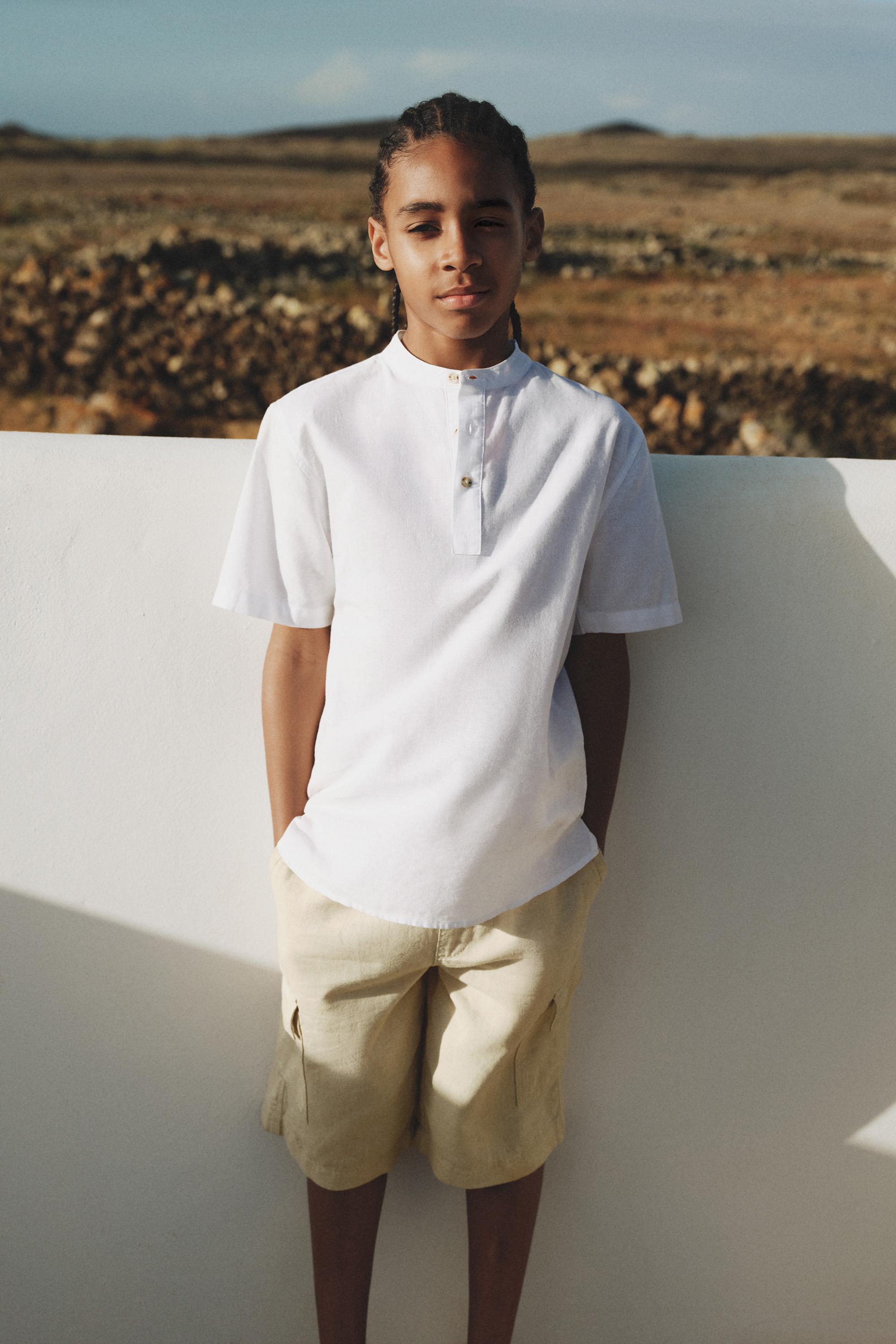 Linen-cotton stand collar shirt — WHITE