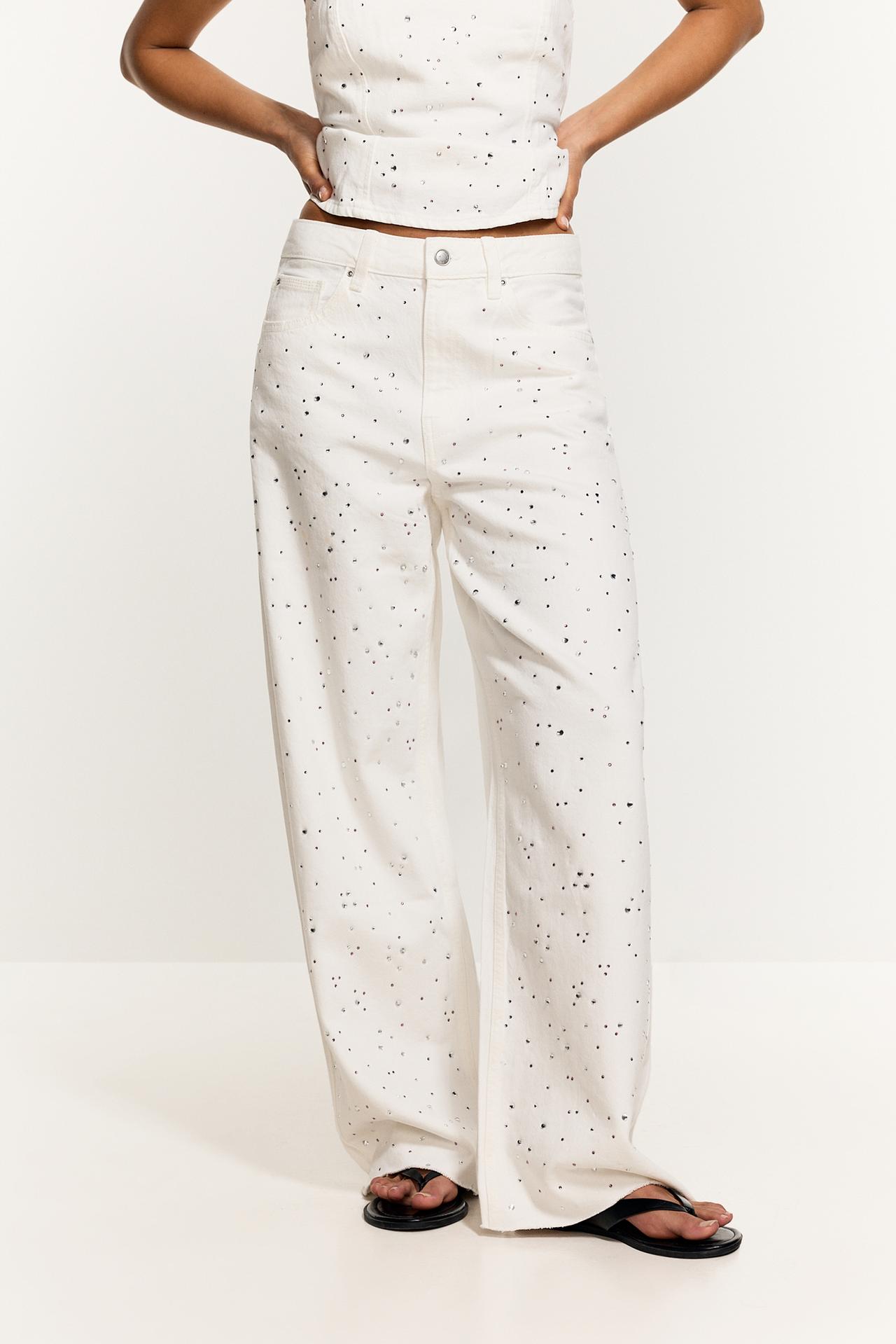 Wide-leg rhinestone jeans — WHITE