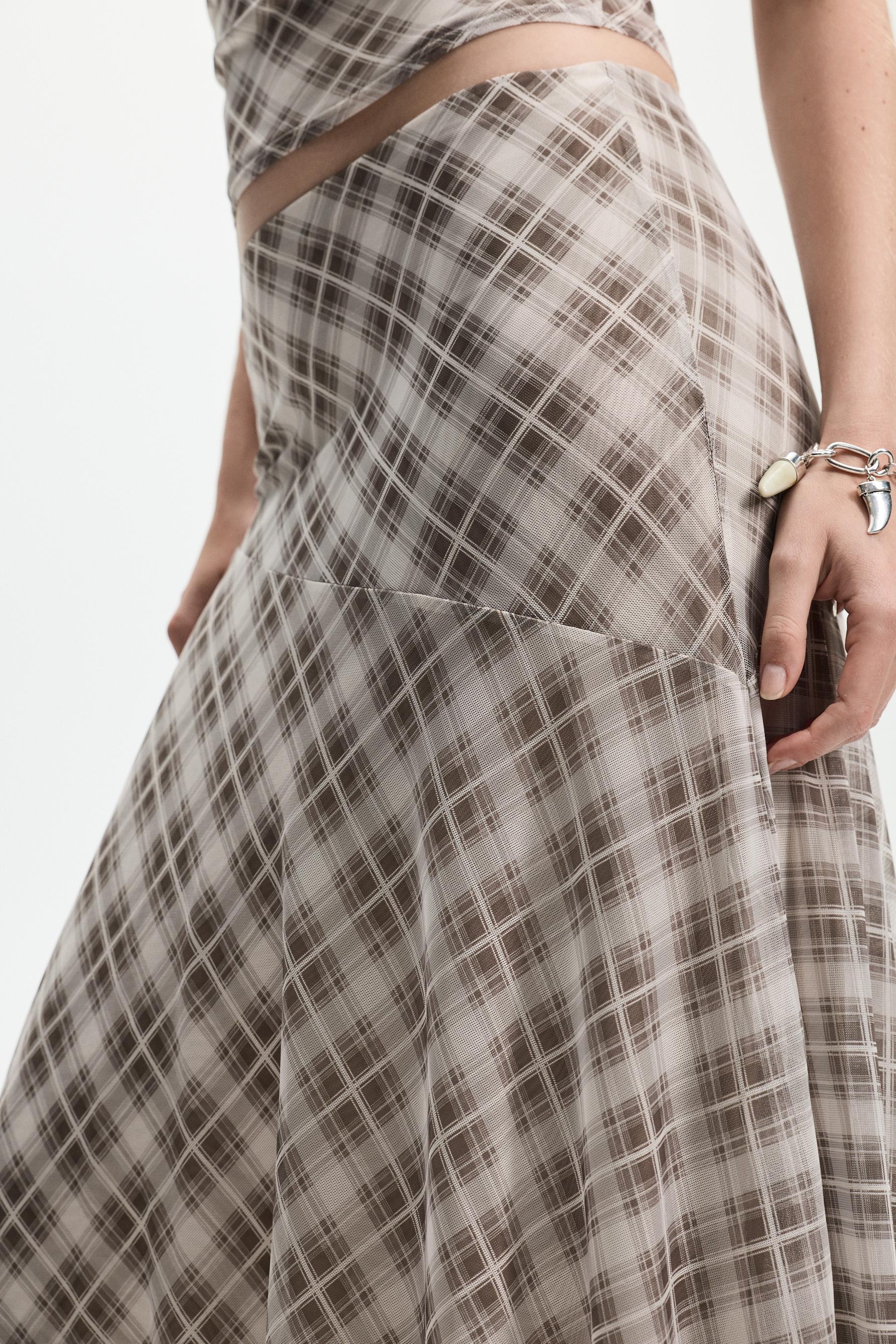 Plaid midi skirt — ECRU/BROWN