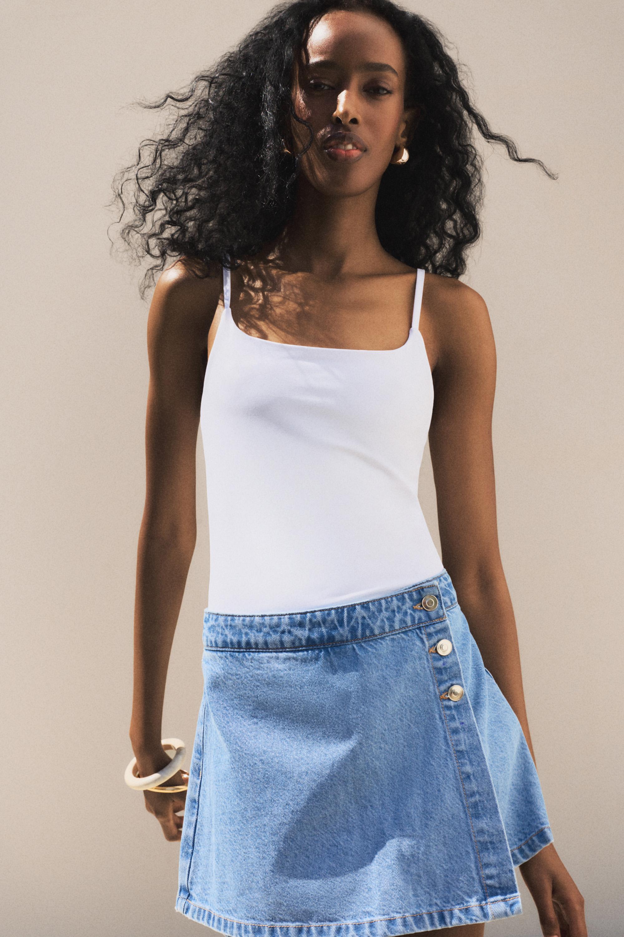 Denim button-front skort — FADED NAVY