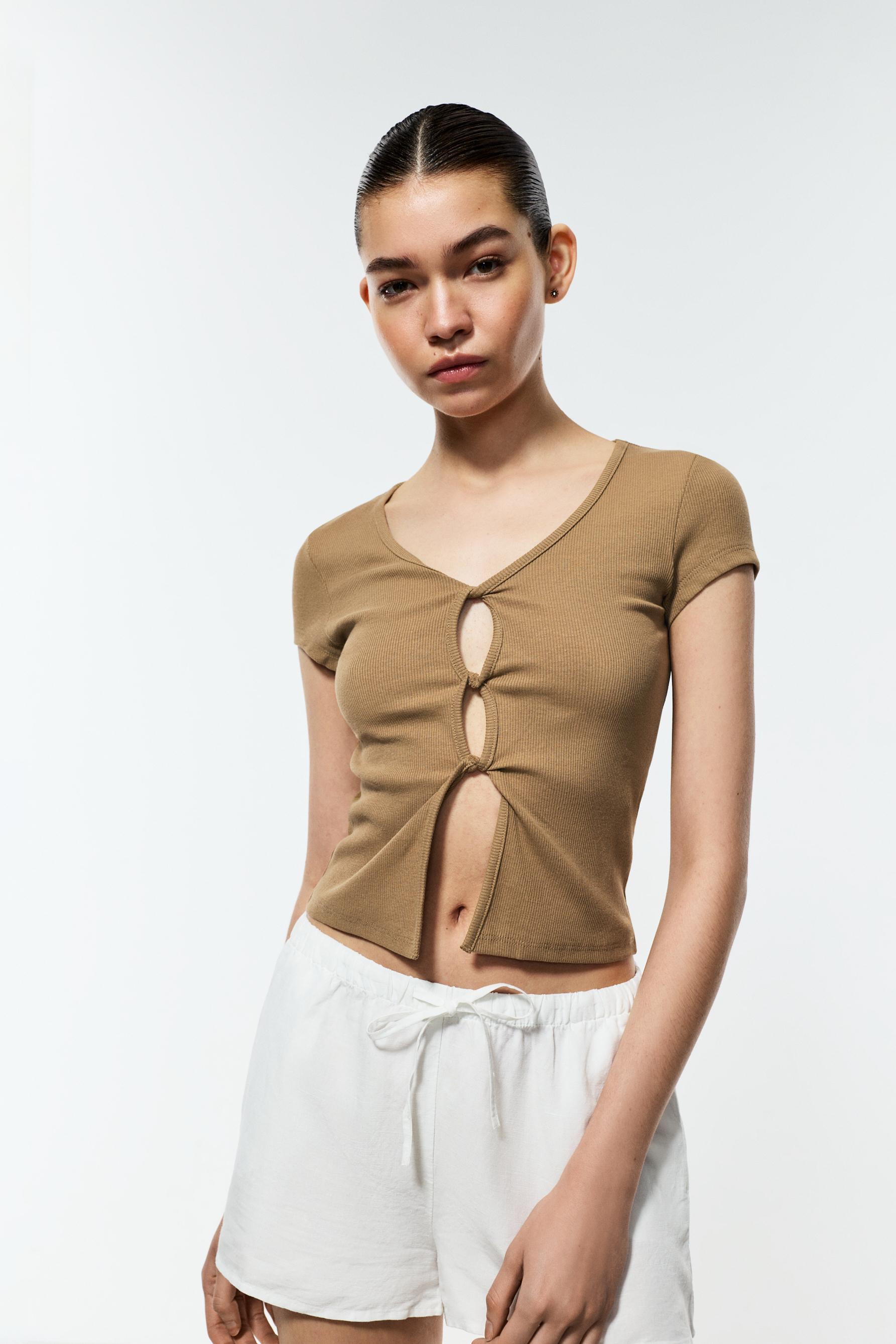 Ribbed cut-out top — BEIGE