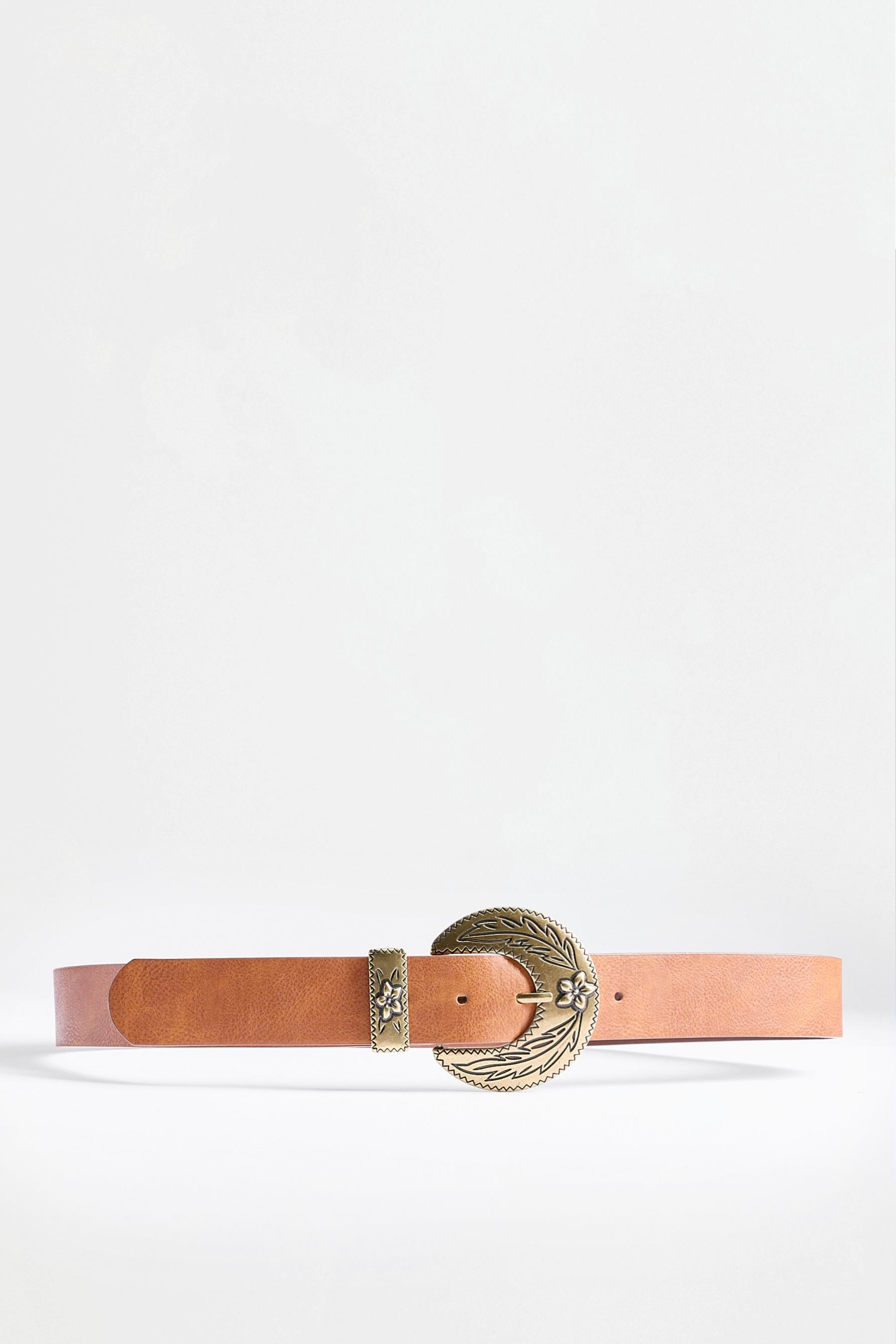Floral engraved buckle belt — BROWN