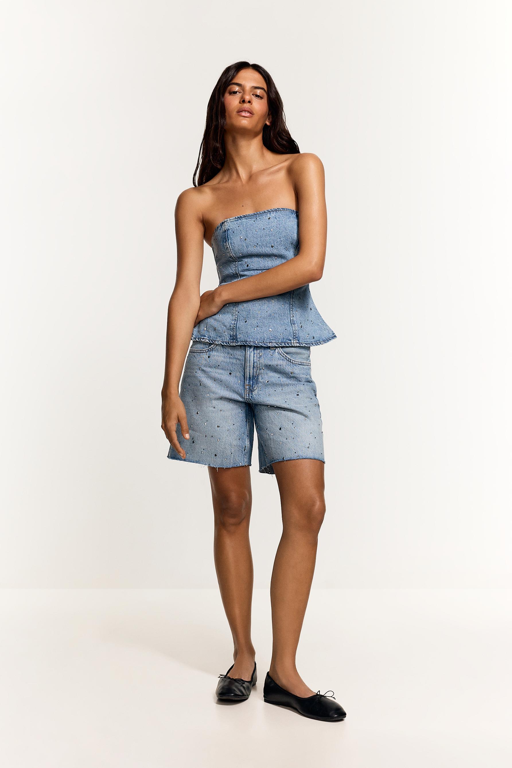 Denim bandeau top with rhinestones — INDIGO