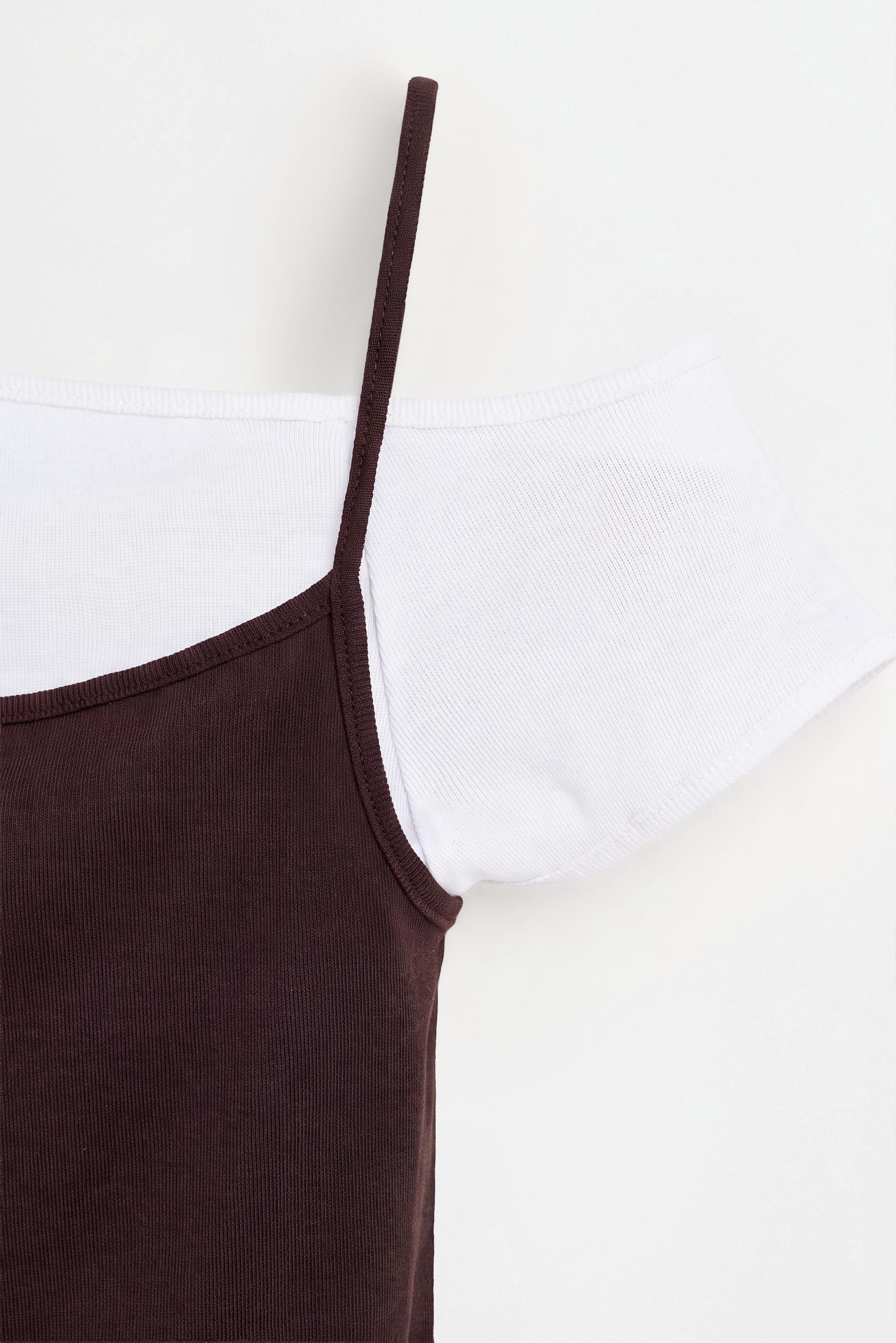 Asymmetric double-layer T-shirt — DARK BROWN