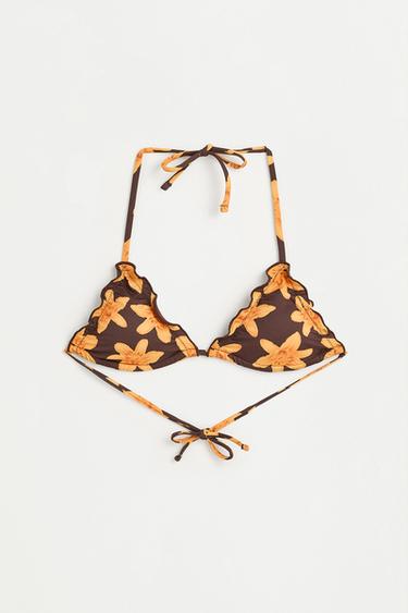 Floral print triangle bikini top — BROWN 6