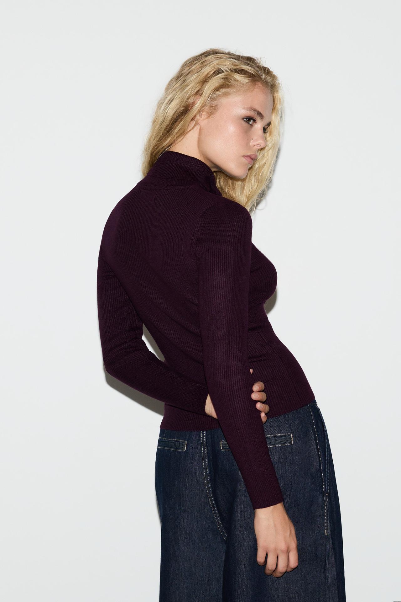 Ribbed high-neck sweater — BURGUNDY