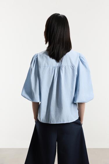 Tie-neck shirt — PALE BLUE 4