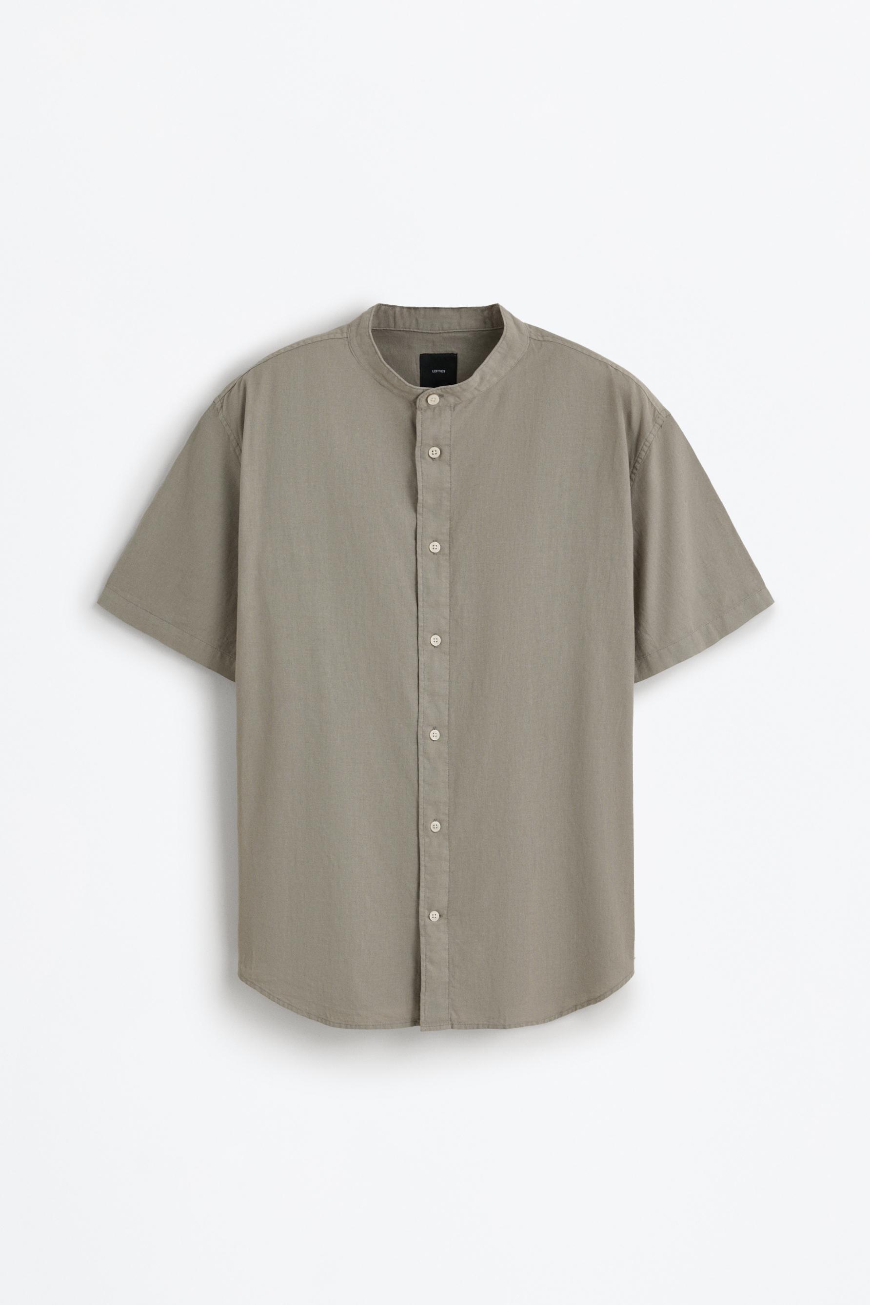 Linen-cotton stand collar shirt — PALE KHAKI
