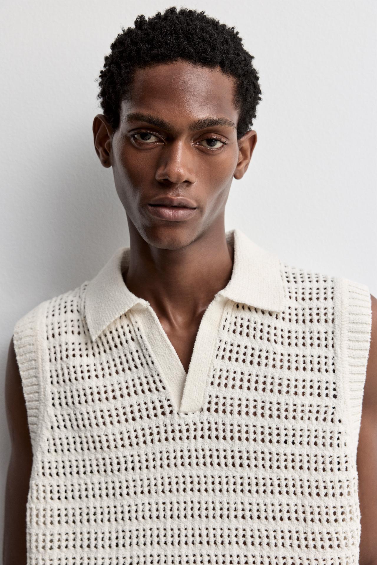 Cutwork knit polo vest — OFF WHITE