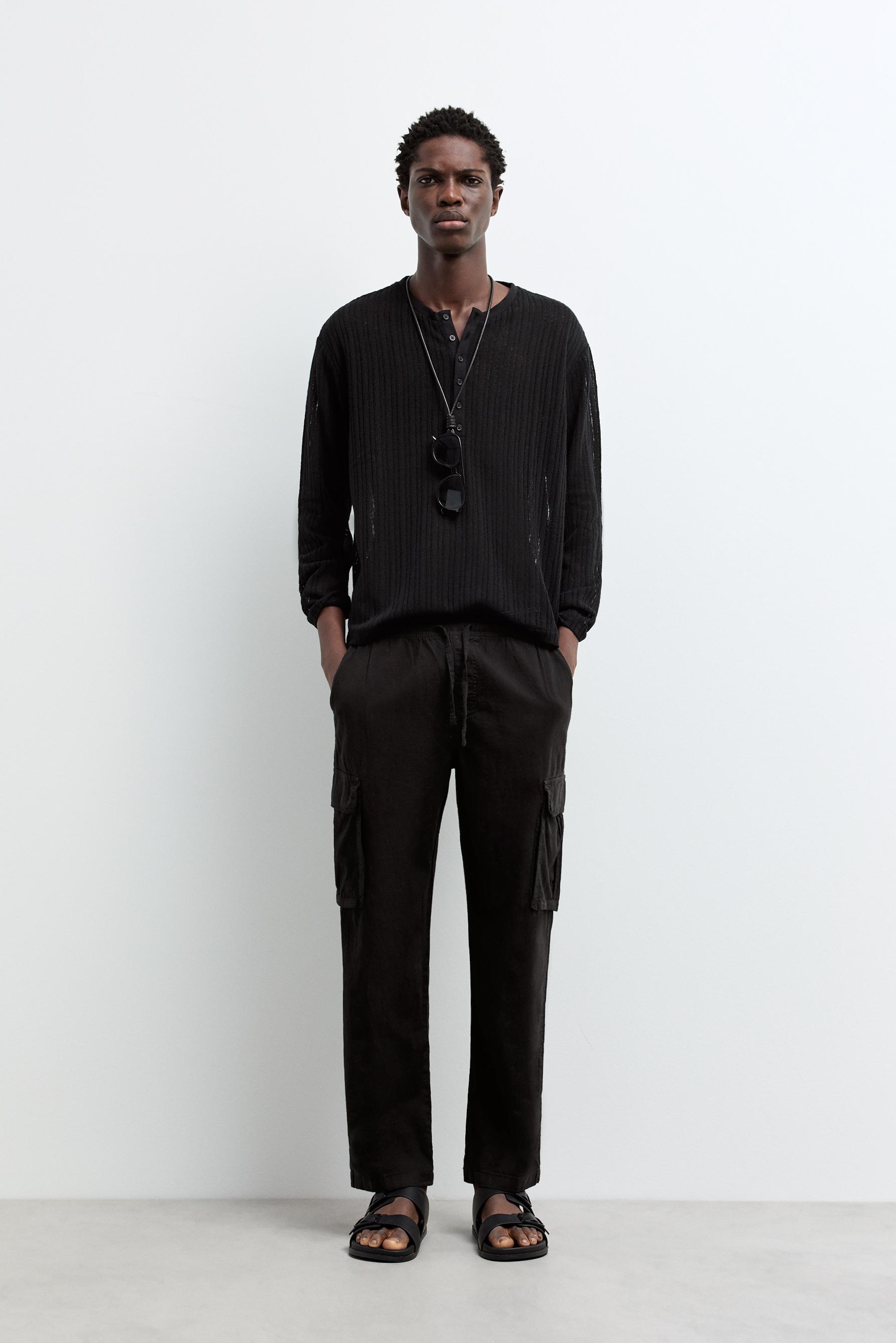 Linen-cotton cargo jogger trousers — BLACK