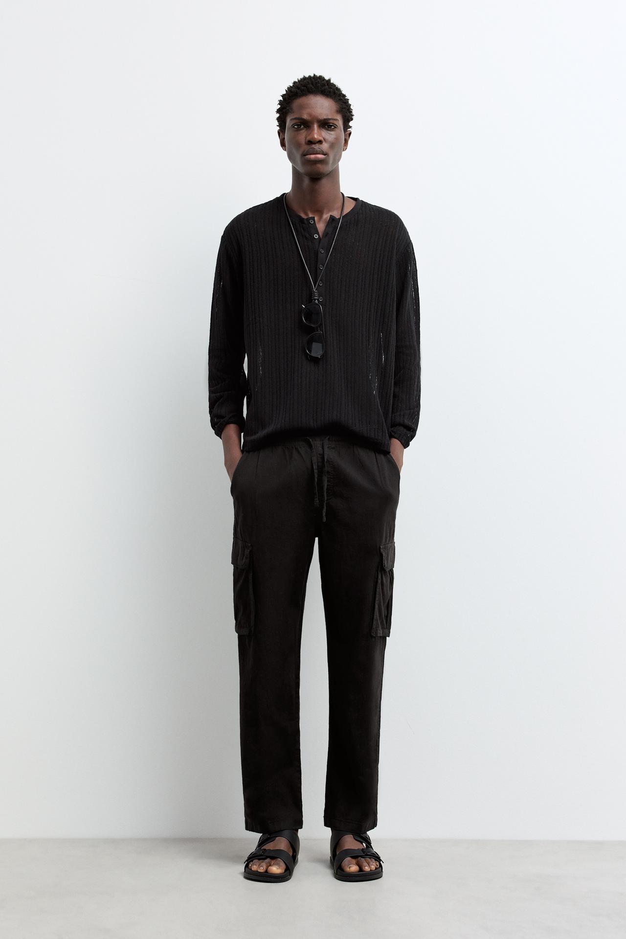 Linen-cotton cargo jogger trousers — BLACK