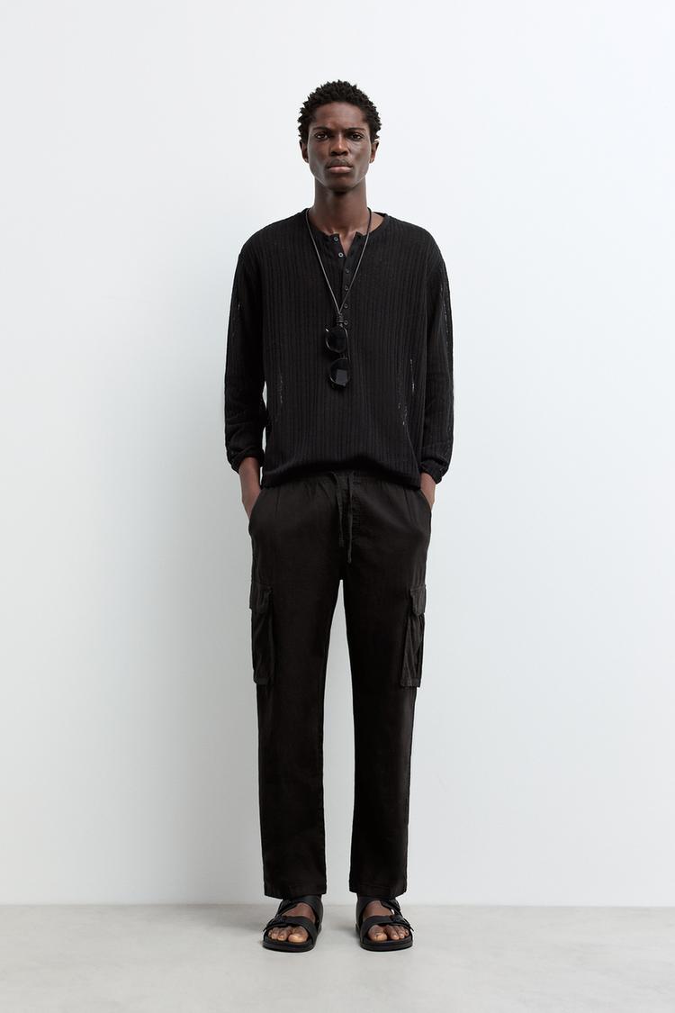 Linen-cotton cargo jogger trousers — BLACK