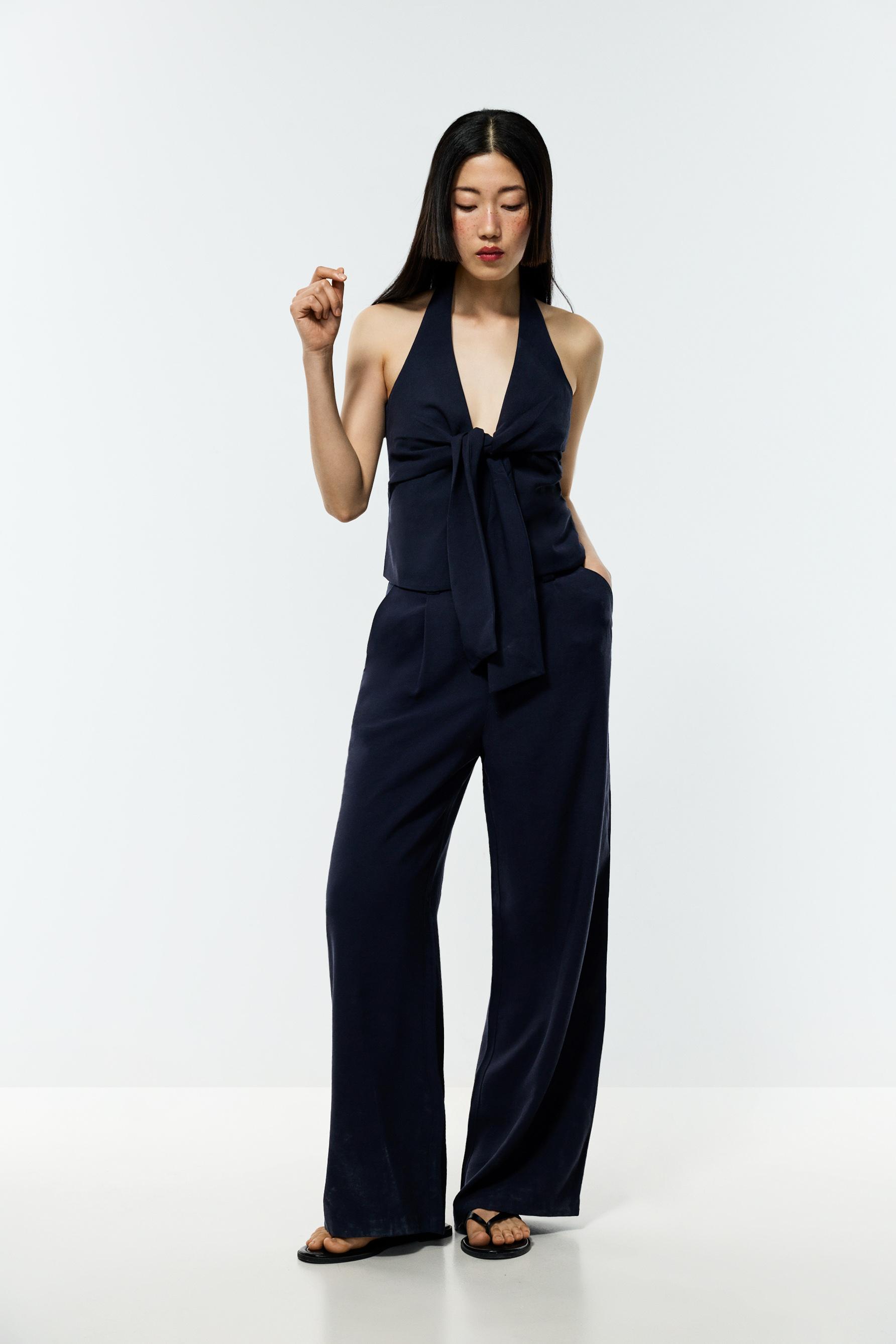 Wide-leg trousers with darts — NAVY BLUE