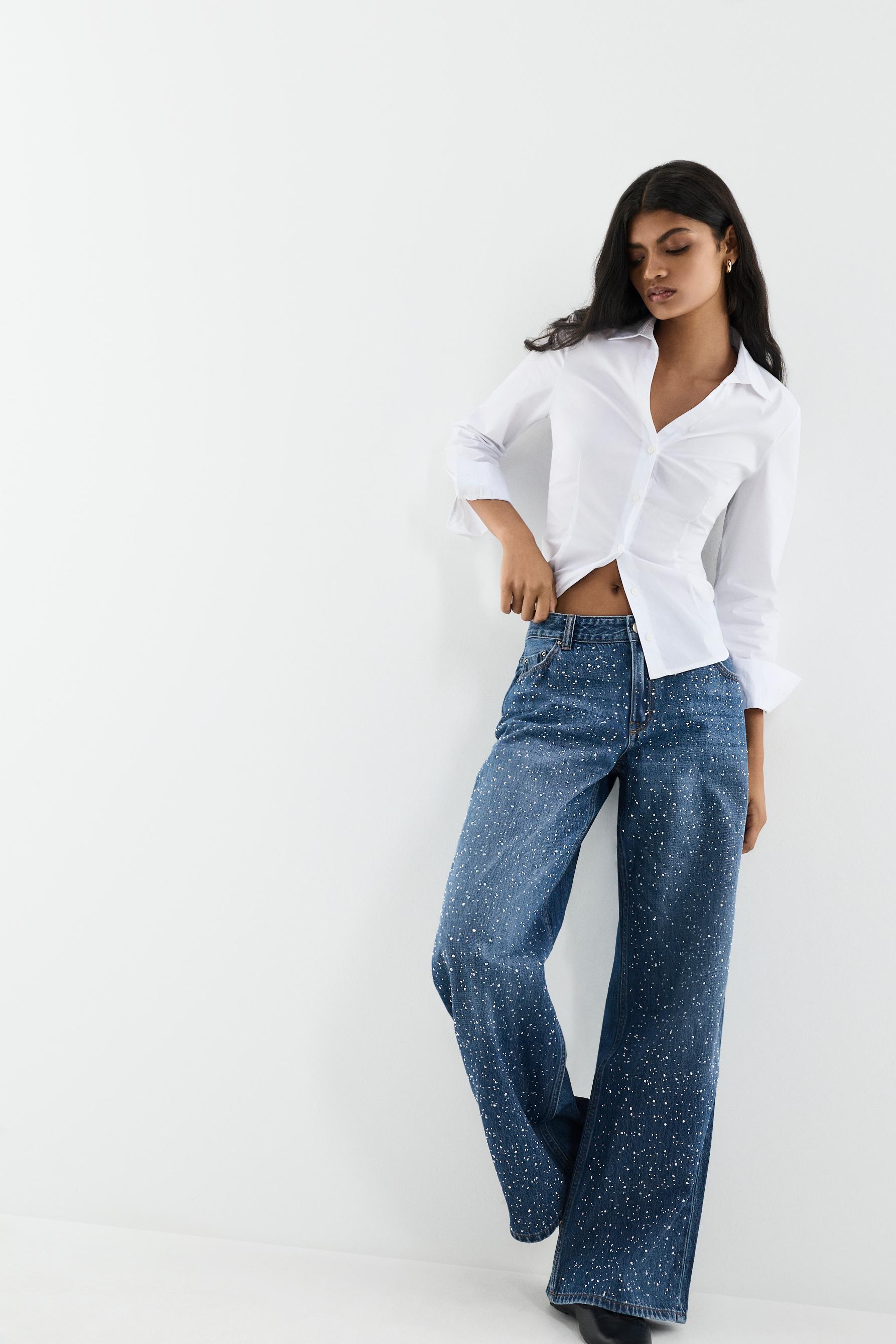 Wide-leg rhinestone jeans — FADED INDIGO