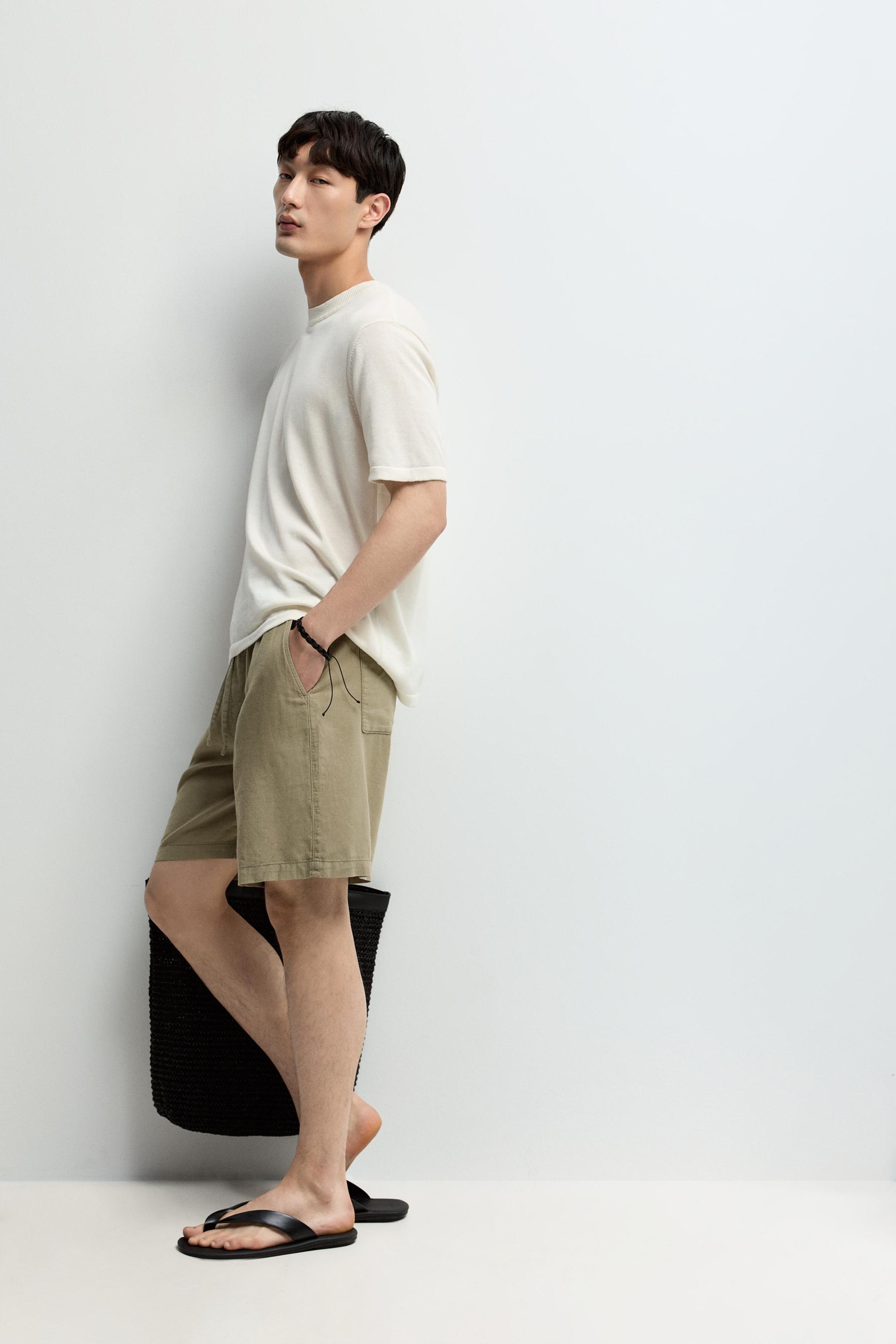 Linen-cotton jogger Bermuda shorts — KHAKI