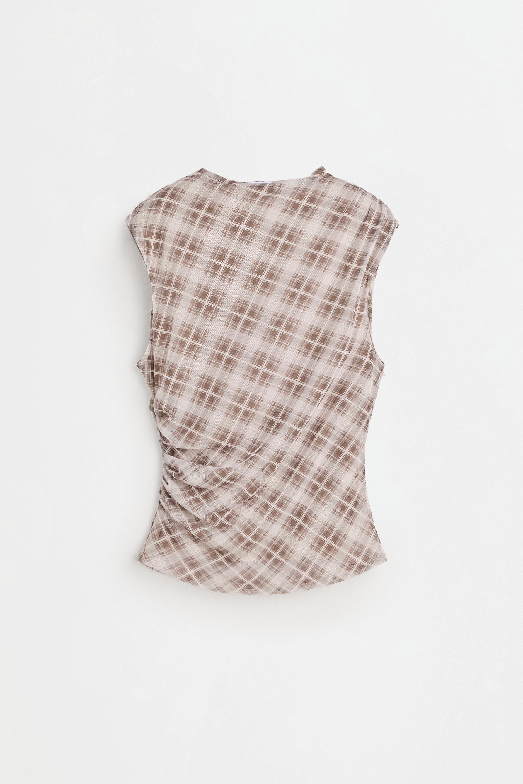 Plaid gathered top — ECRU/BROWN