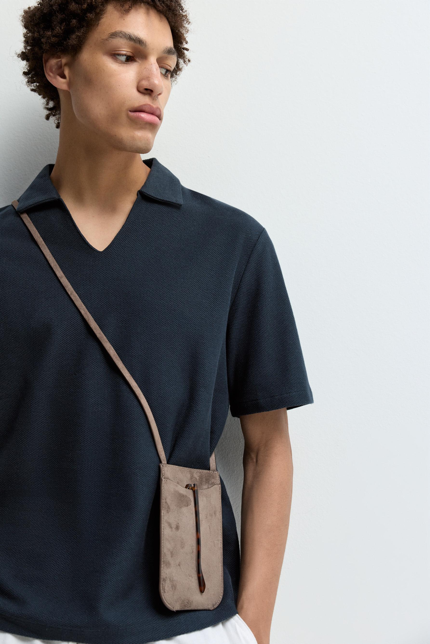 Textured V-neck polo shirt — FADED NAVY