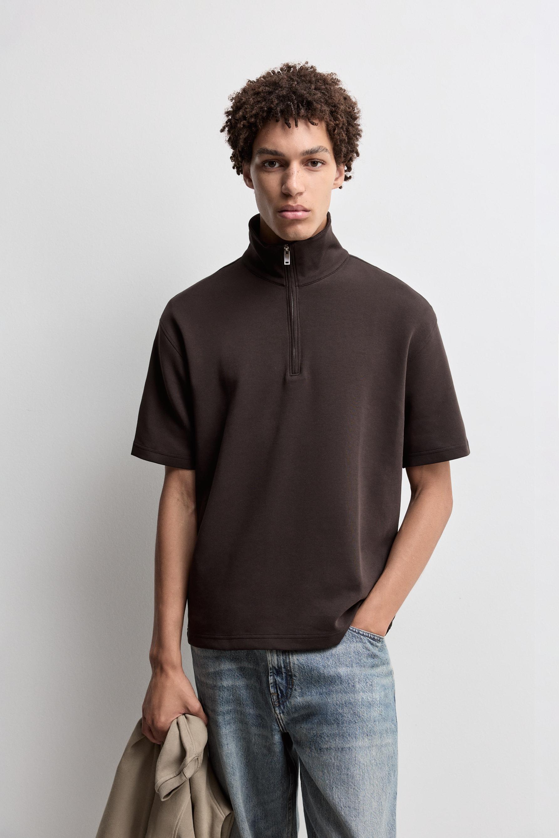 Interlock polo shirt with zip — DARK BROWN