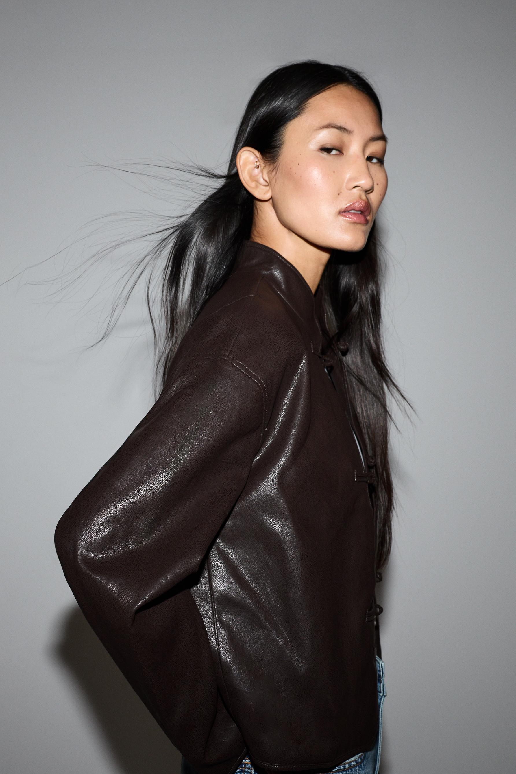 Leather effect short jacket — DARK BROWN
