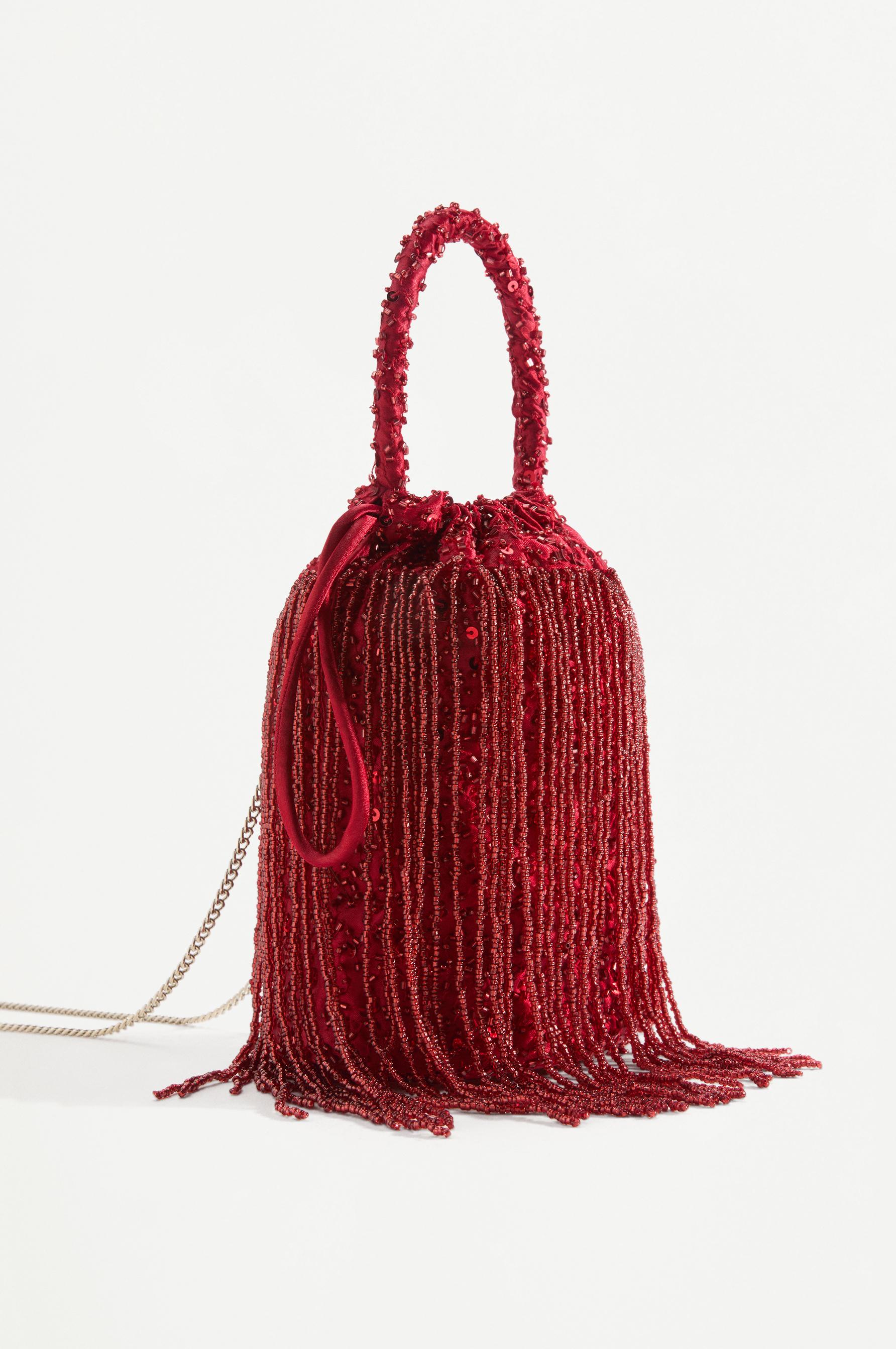 Beaded bucket bag — RED