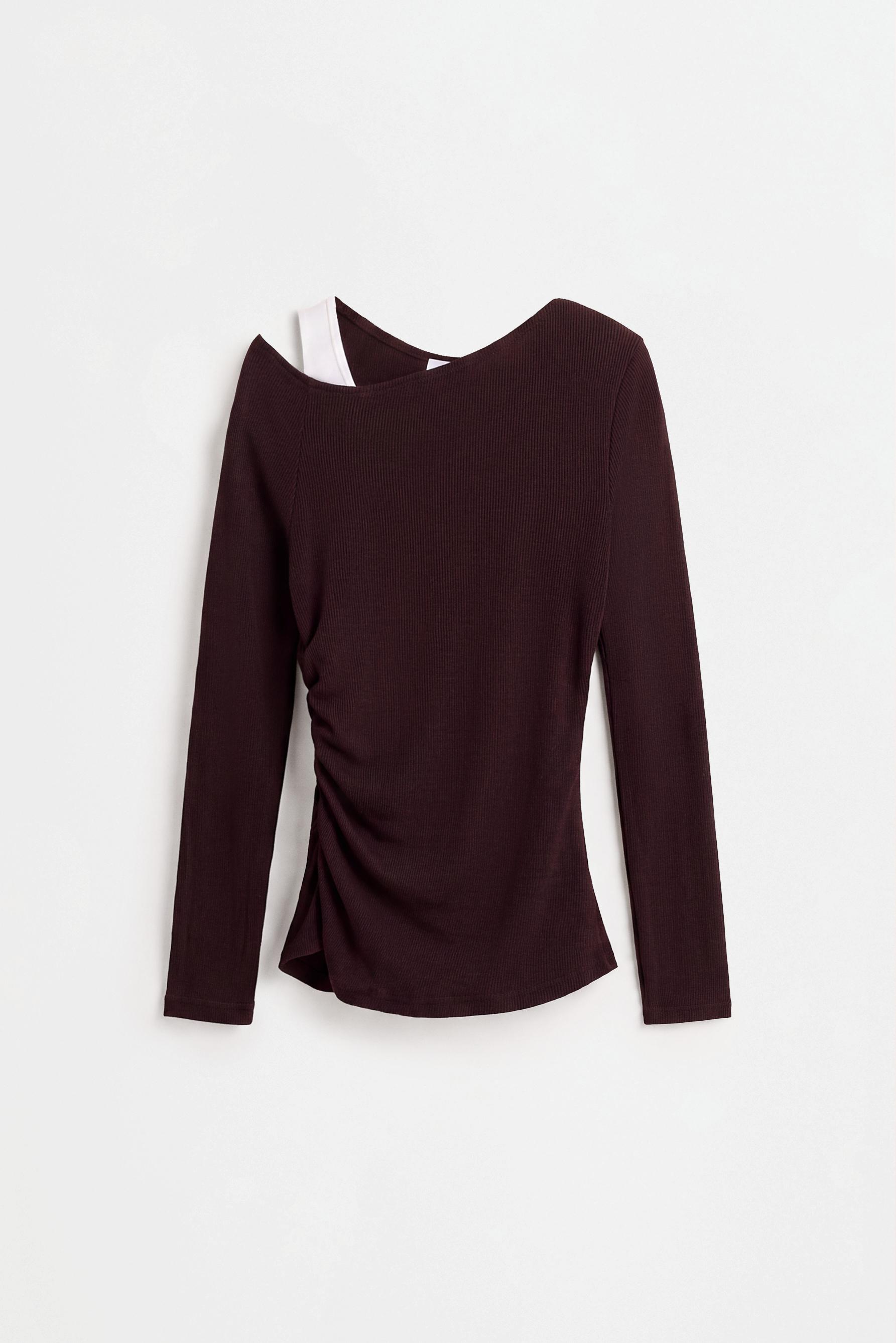 Asymmetric ribbed double T-shirt — CHOCOLATE