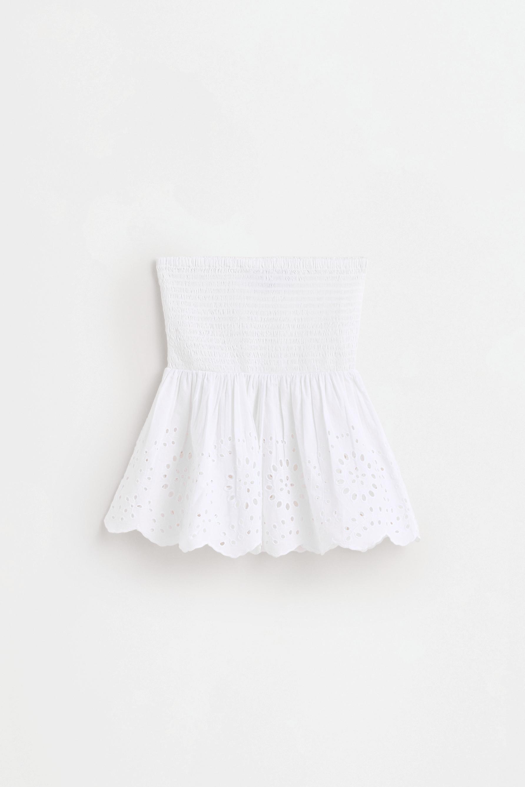 Swiss embroidery strapless top — WHITE
