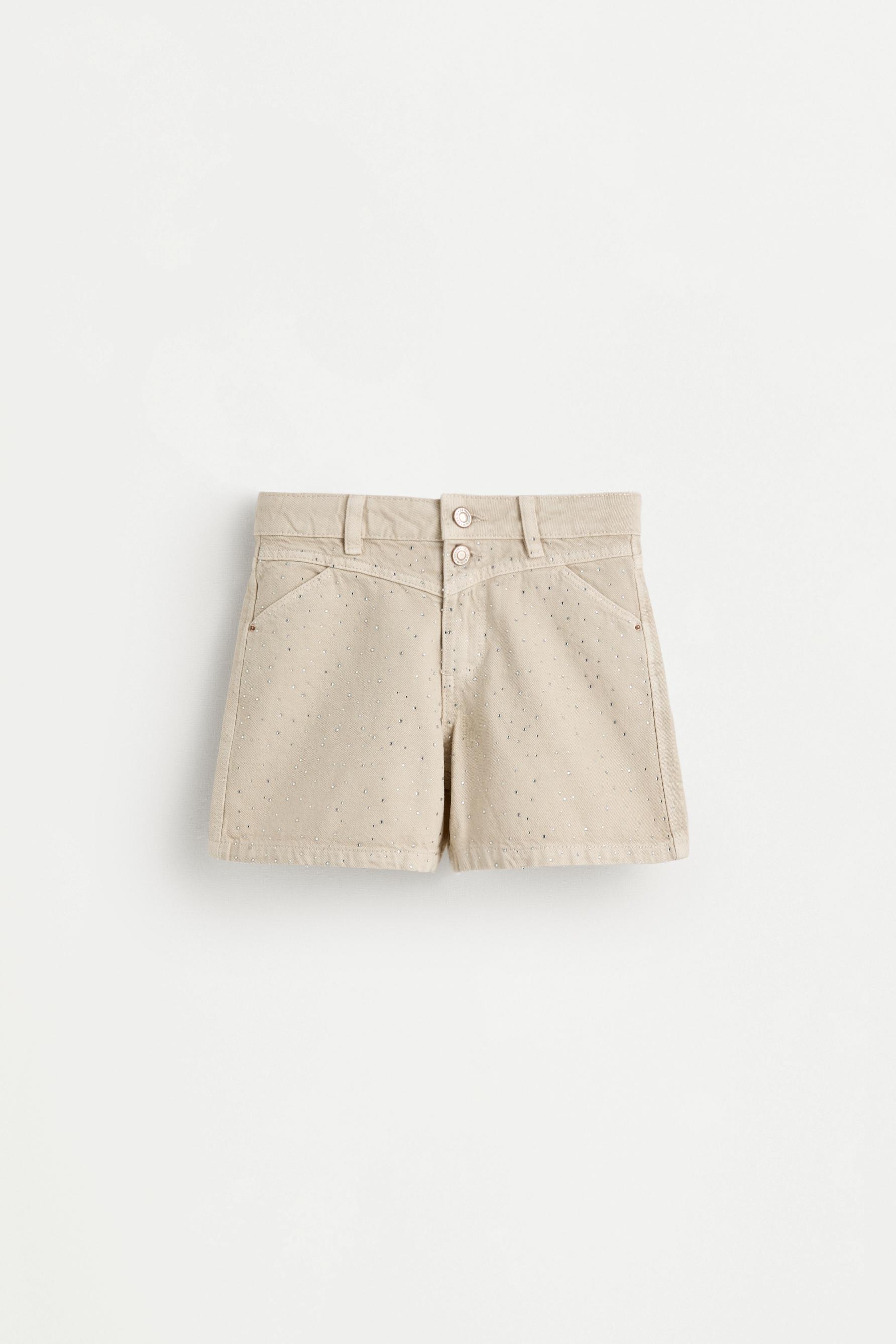 Rhinestone denim shorts — SAND